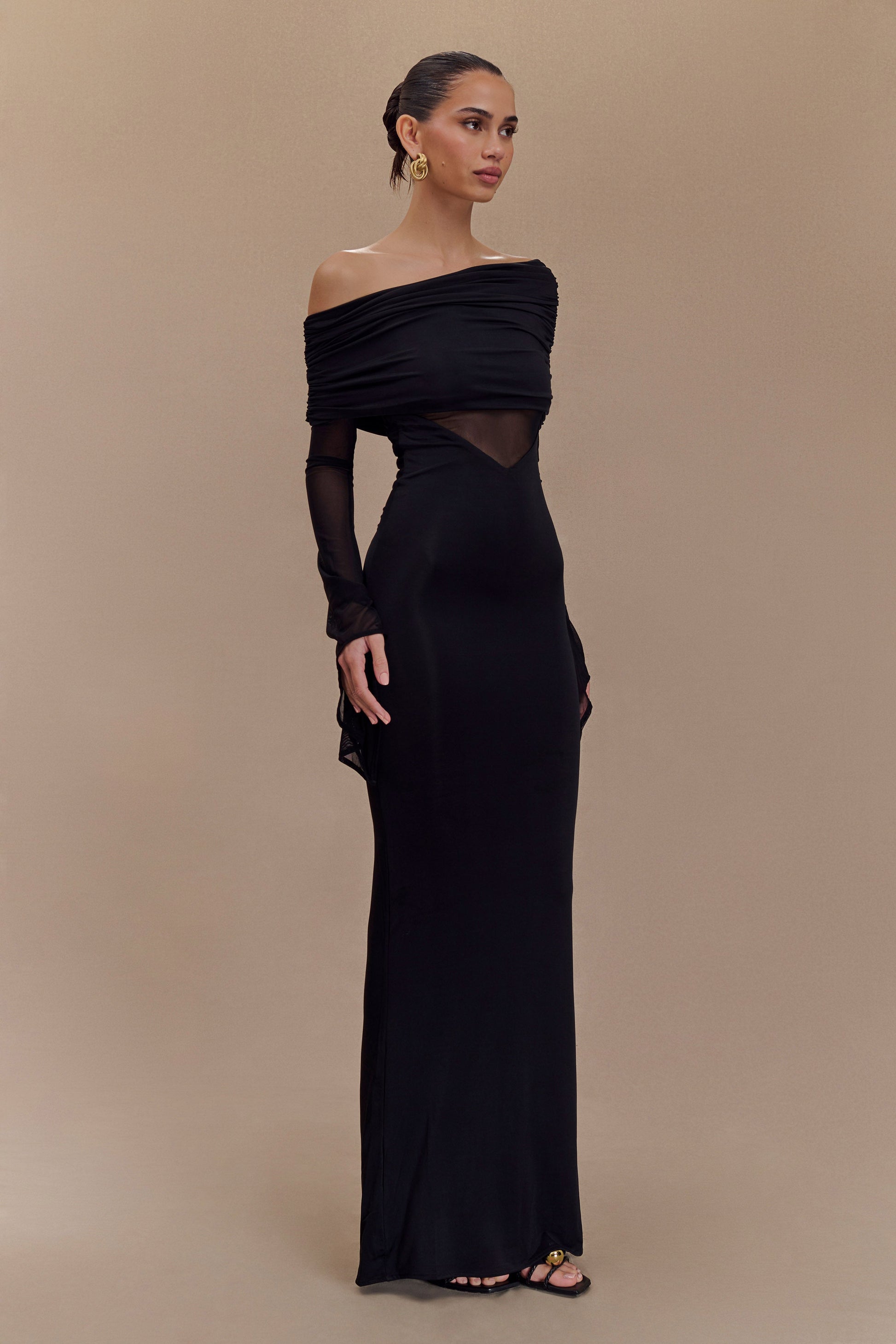 Kaitlin One Shoulder Slinky And Mesh Maxi Dress - Black #3