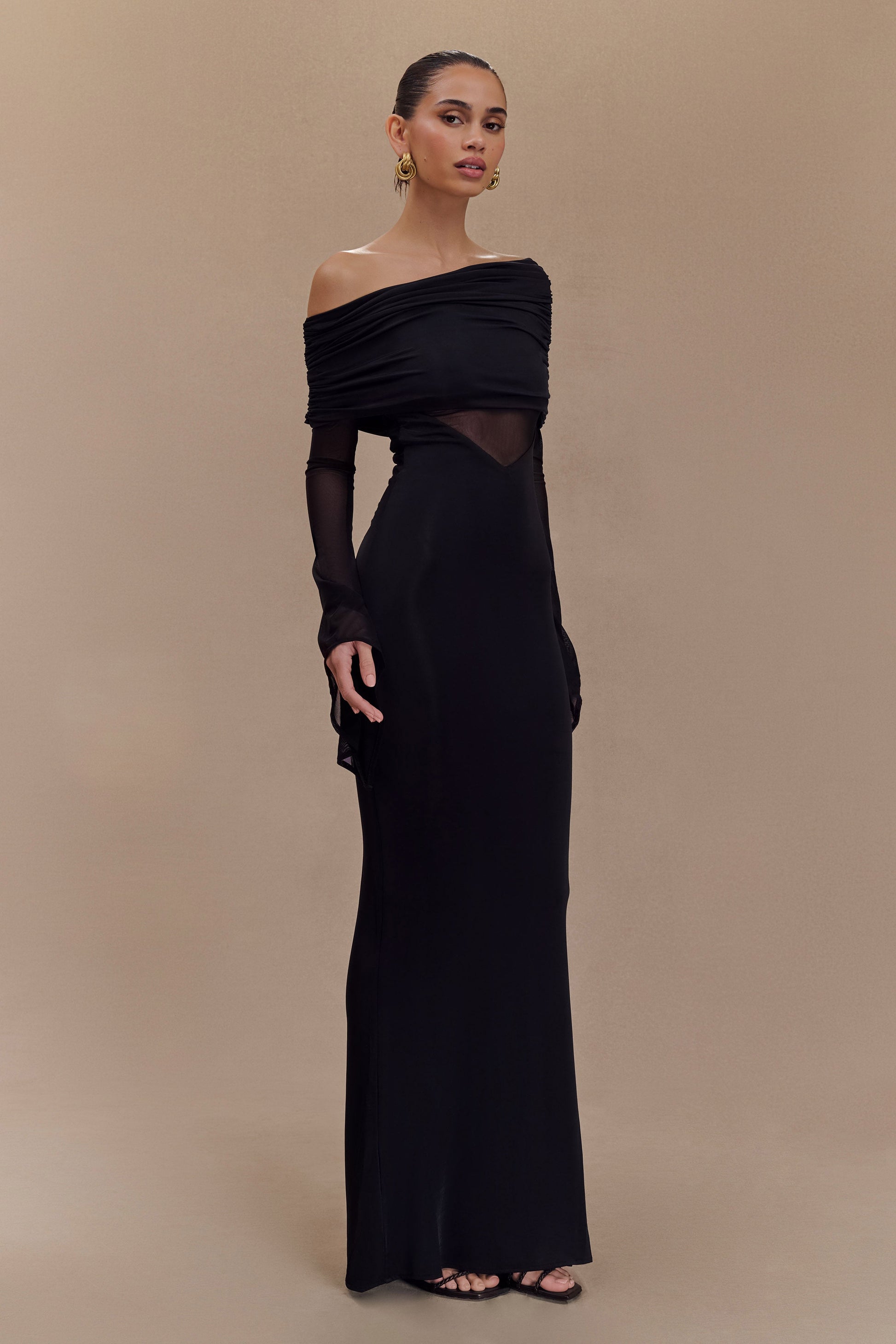 Kaitlin One Shoulder Slinky And Mesh Maxi Dress - Black #6