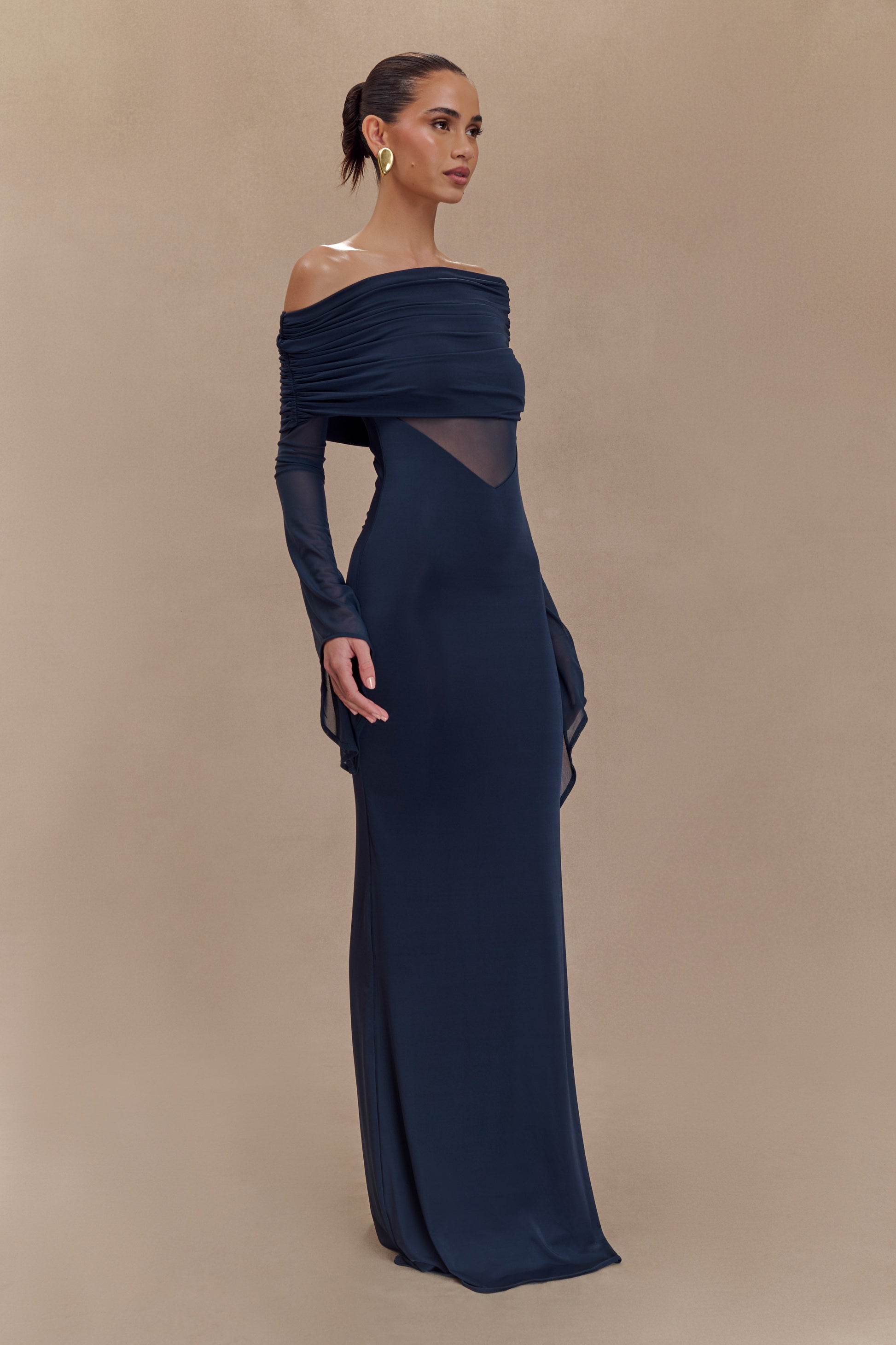 Kaitlin One Shoulder Slinky And Mesh Maxi Dress - Midnight Blue #4