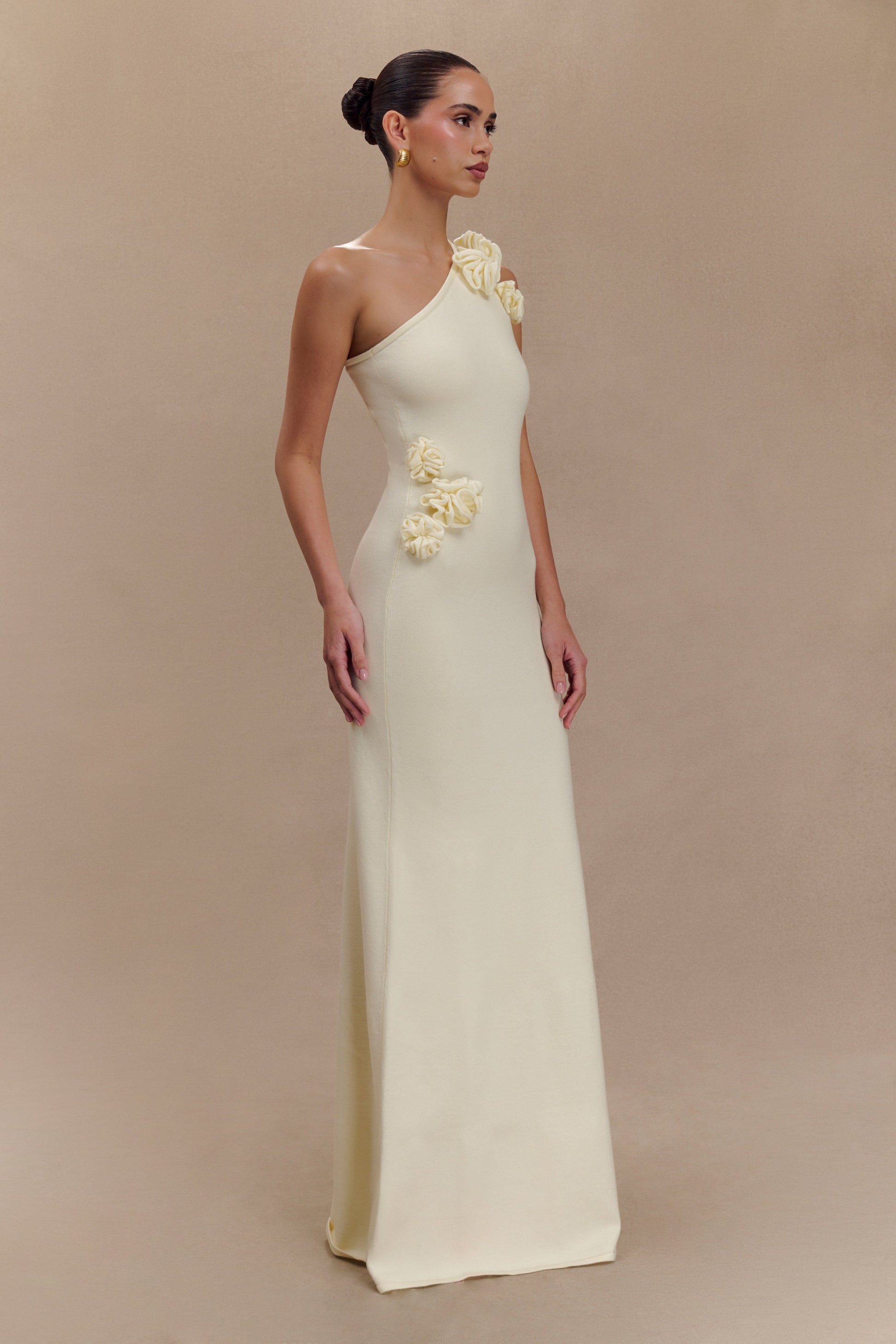Paloma One Shoulder Knit Maxi Dress With Flowers - Ivory #4