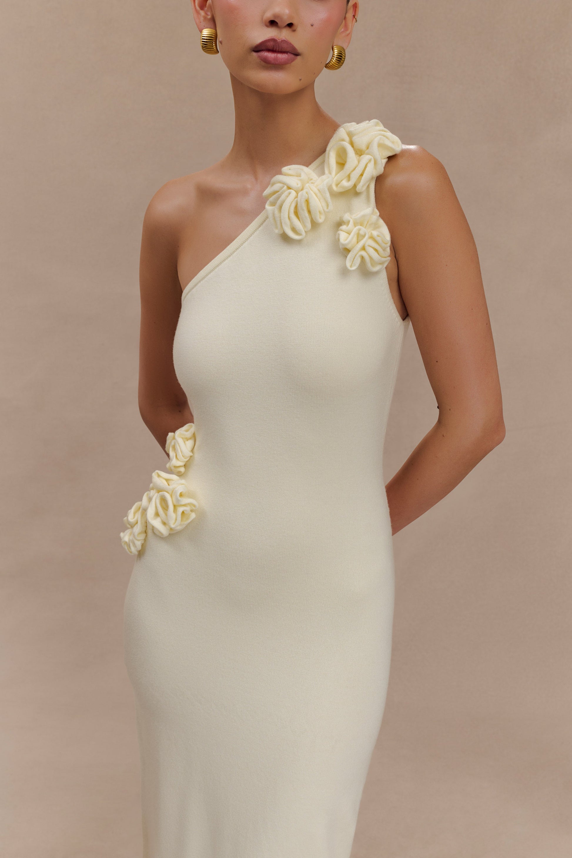 Paloma One Shoulder Knit Maxi Dress With Flowers - Ivory #3