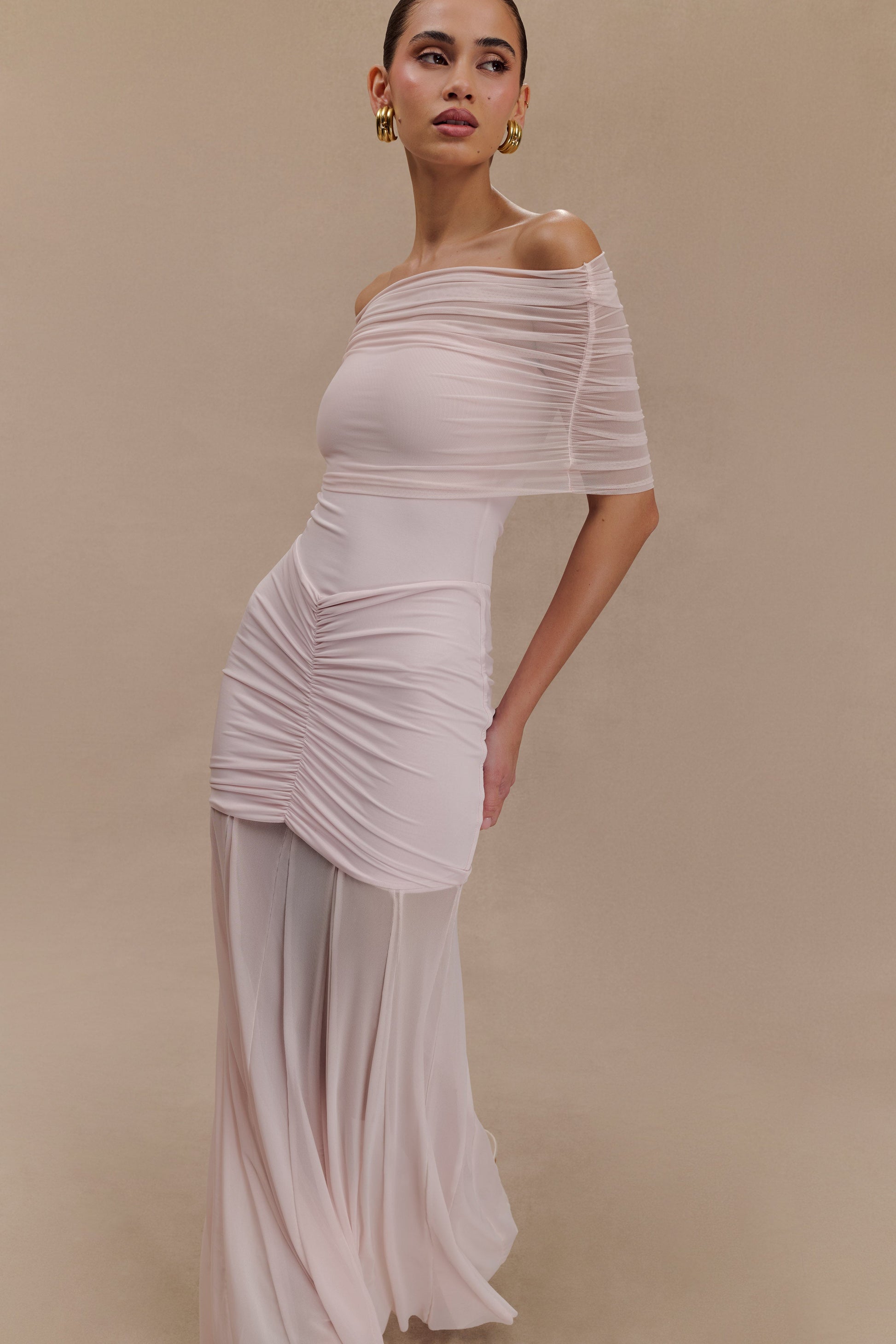 Caspian Slinky And Mesh Off Shoulder Maxi Dress - Pale Pink #6