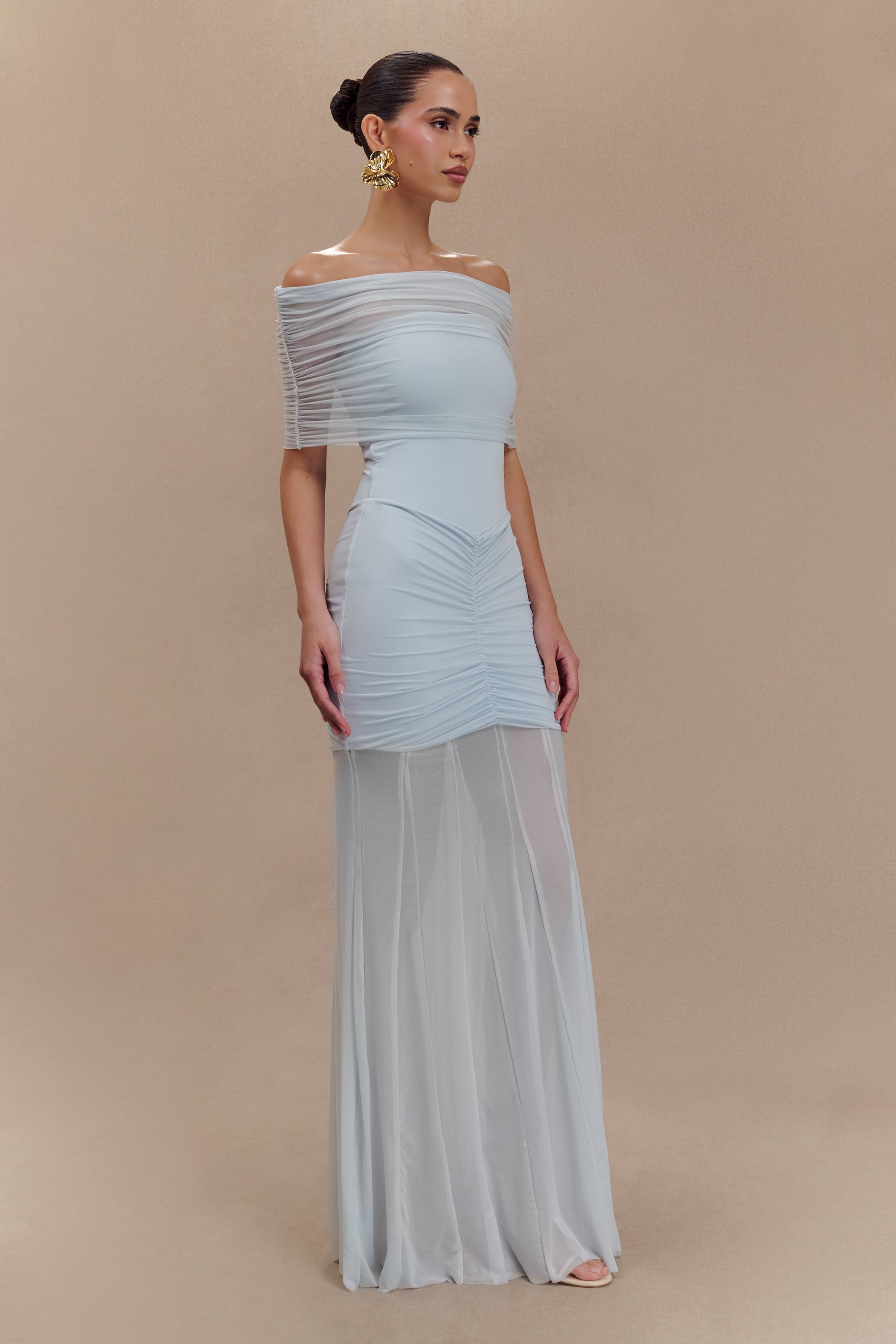 Caspian Slinky And Mesh Off Shoulder Maxi Dress - Pale Blue #4