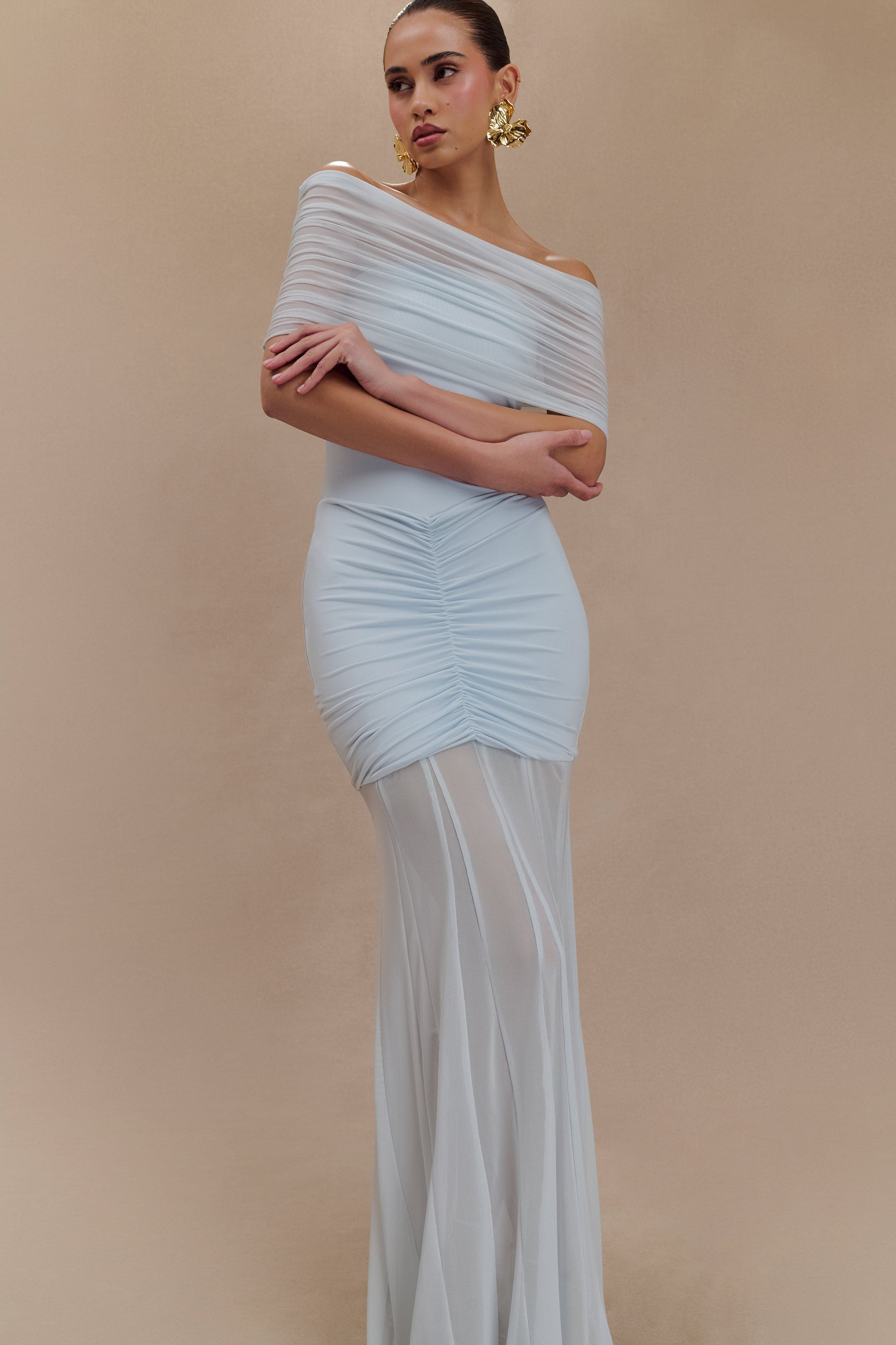 Caspian Slinky And Mesh Off Shoulder Maxi Dress - Pale Blue #5