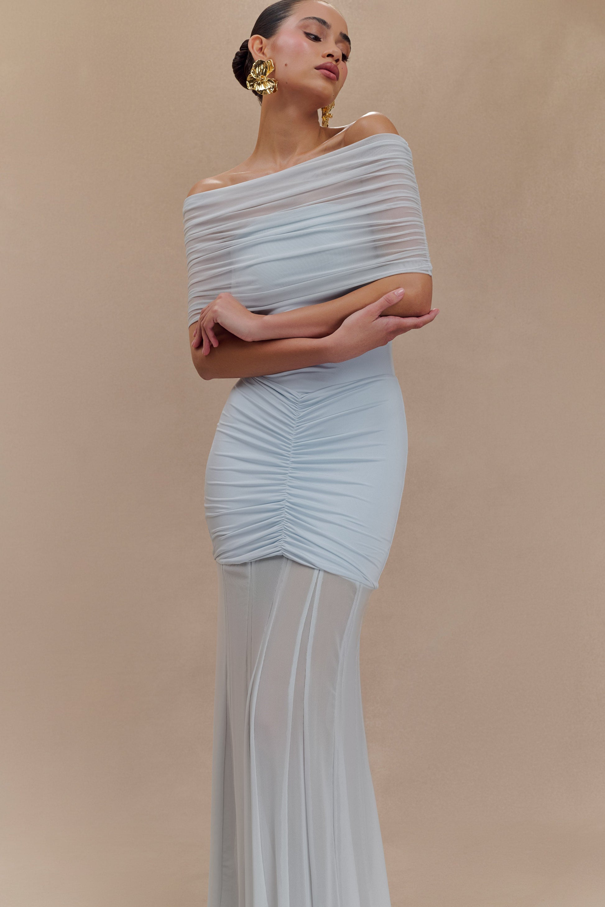 Caspian Slinky And Mesh Off Shoulder Maxi Dress - Pale Blue #6