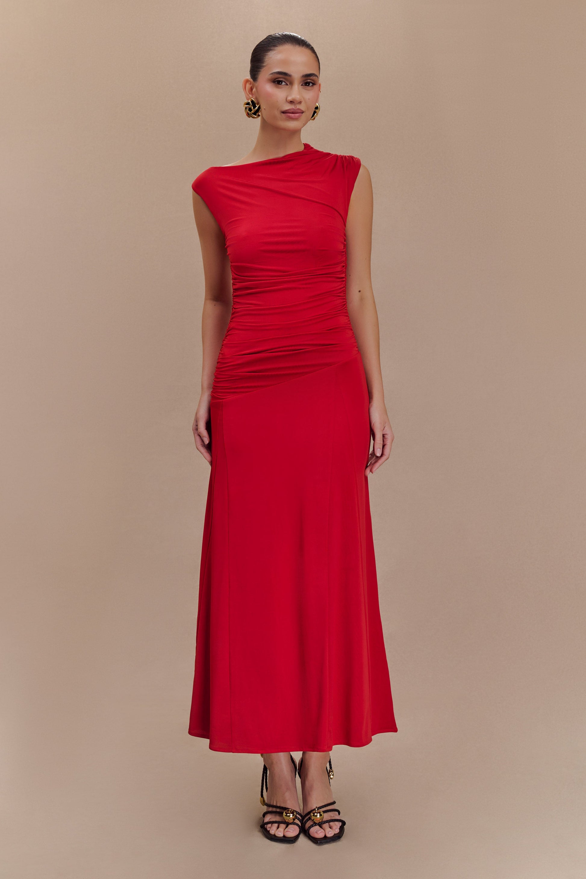 Navanna Asymmetric Slinky Midi Dress - Red #5