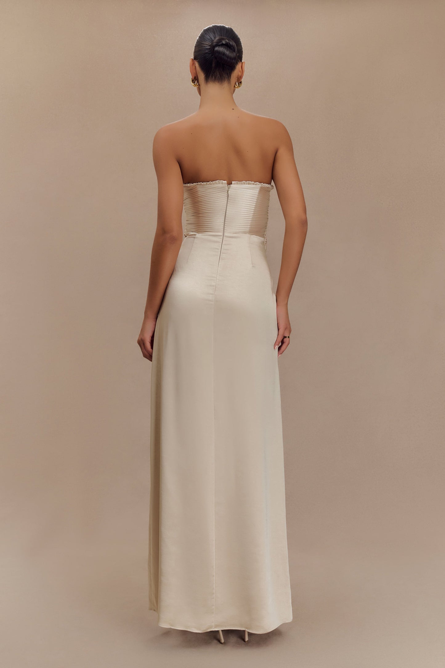 Larissa Satin Maxi Dress With Ruched Petals - Blush Gold