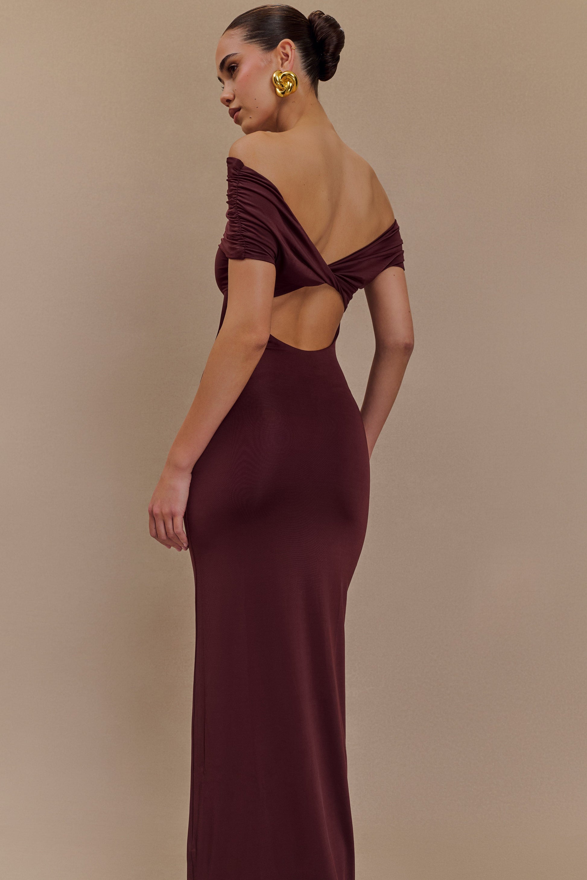 Imogen Off Shoulder Slinky Maxi Dress - Mahogany #3