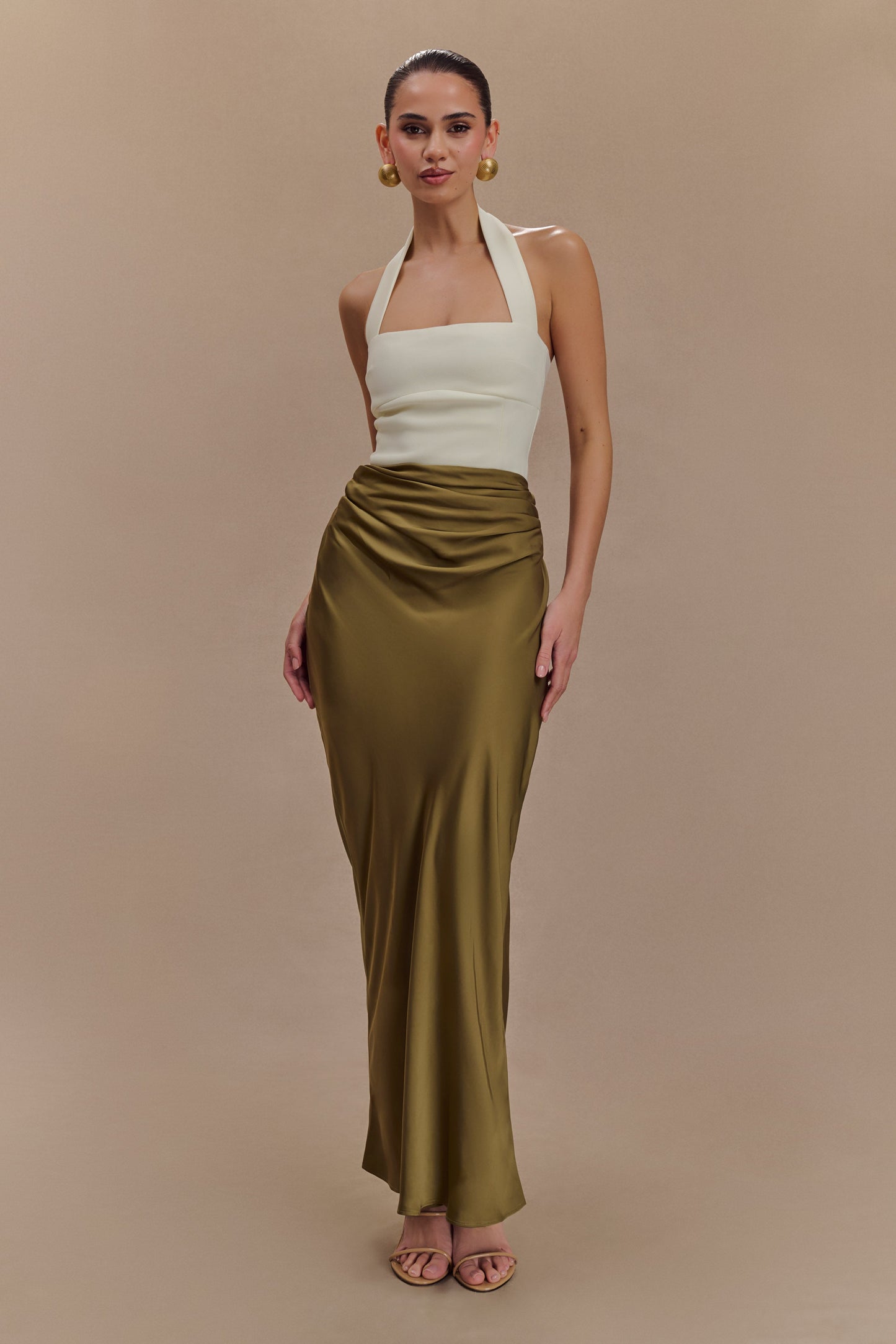 Nicola Satin Asymmetric Maxi Skirt - Basil