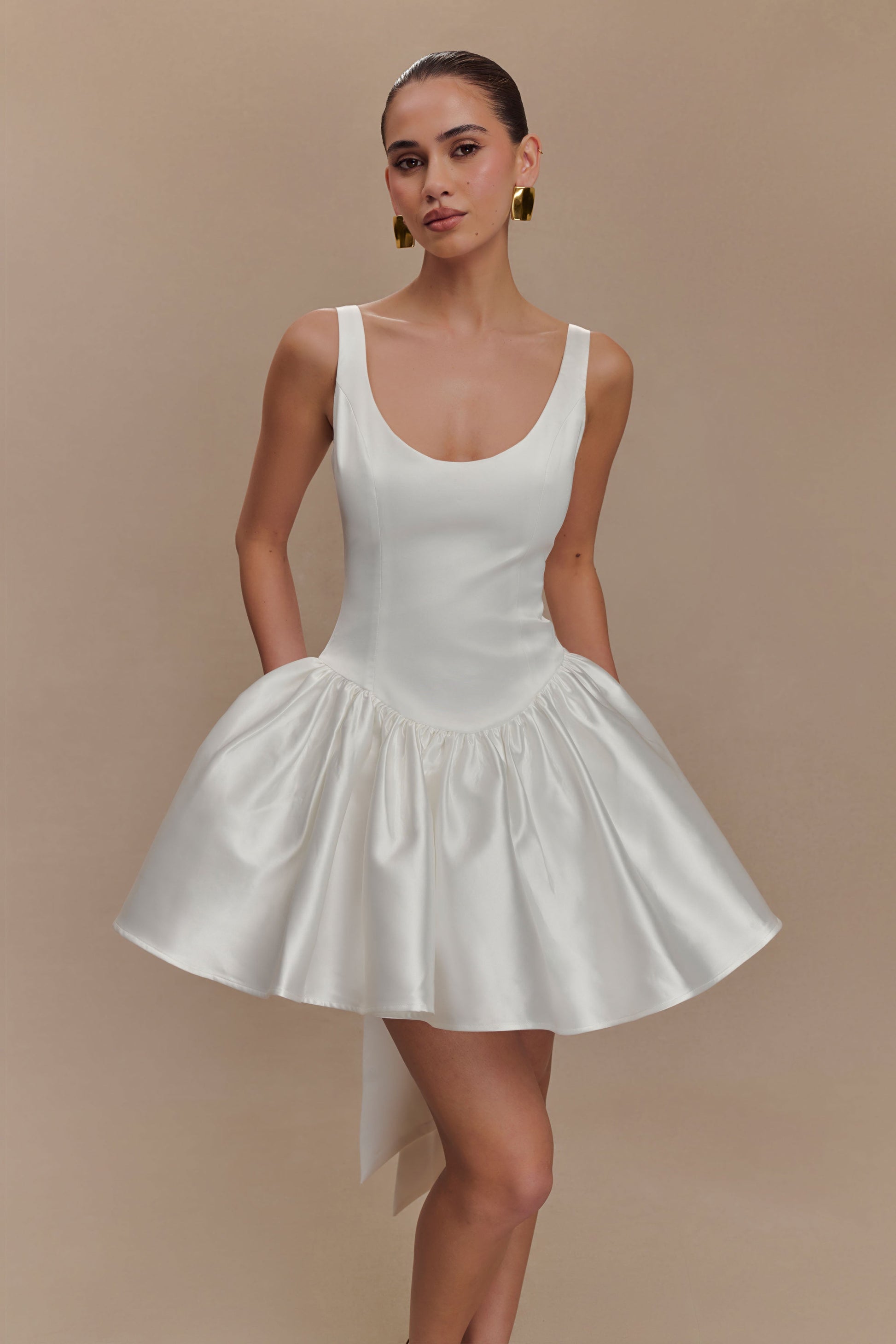 Felicia Satin Mini Dress With Bow - White #6