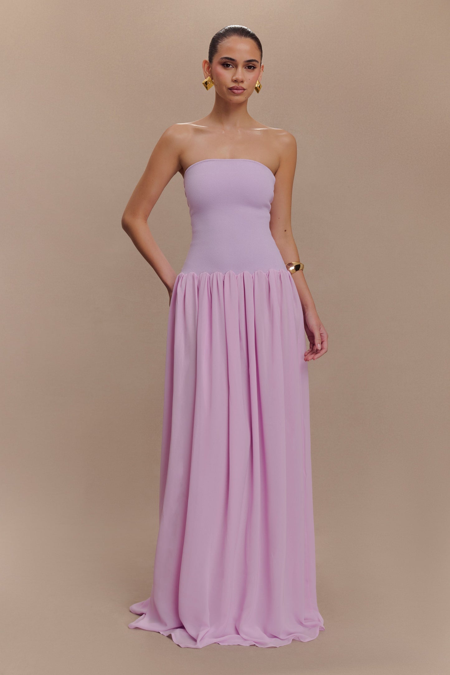 Lyanna Knit And Chiffon Strapless Maxi Dress - Lilac