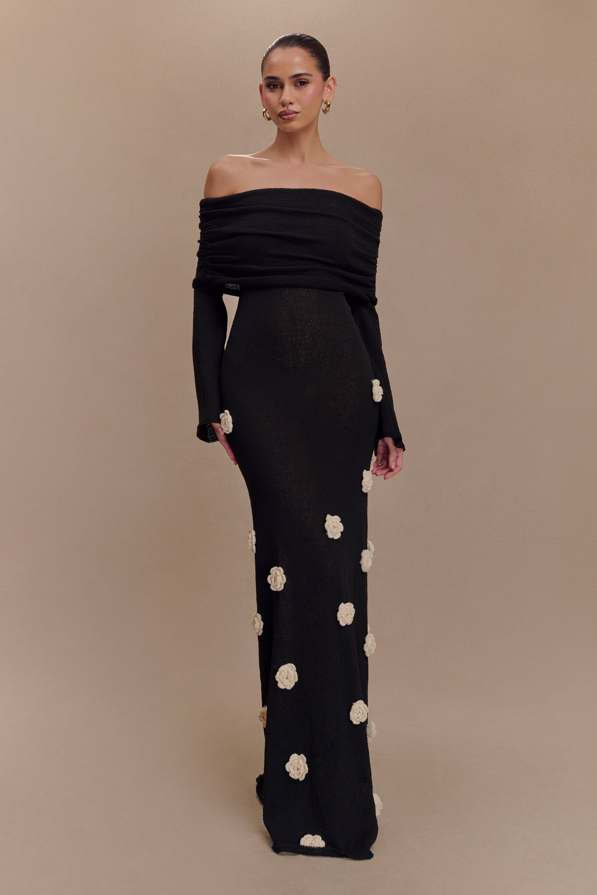 Kiki Off Shoulder Knit Rose Maxi Dress - Black/White #5