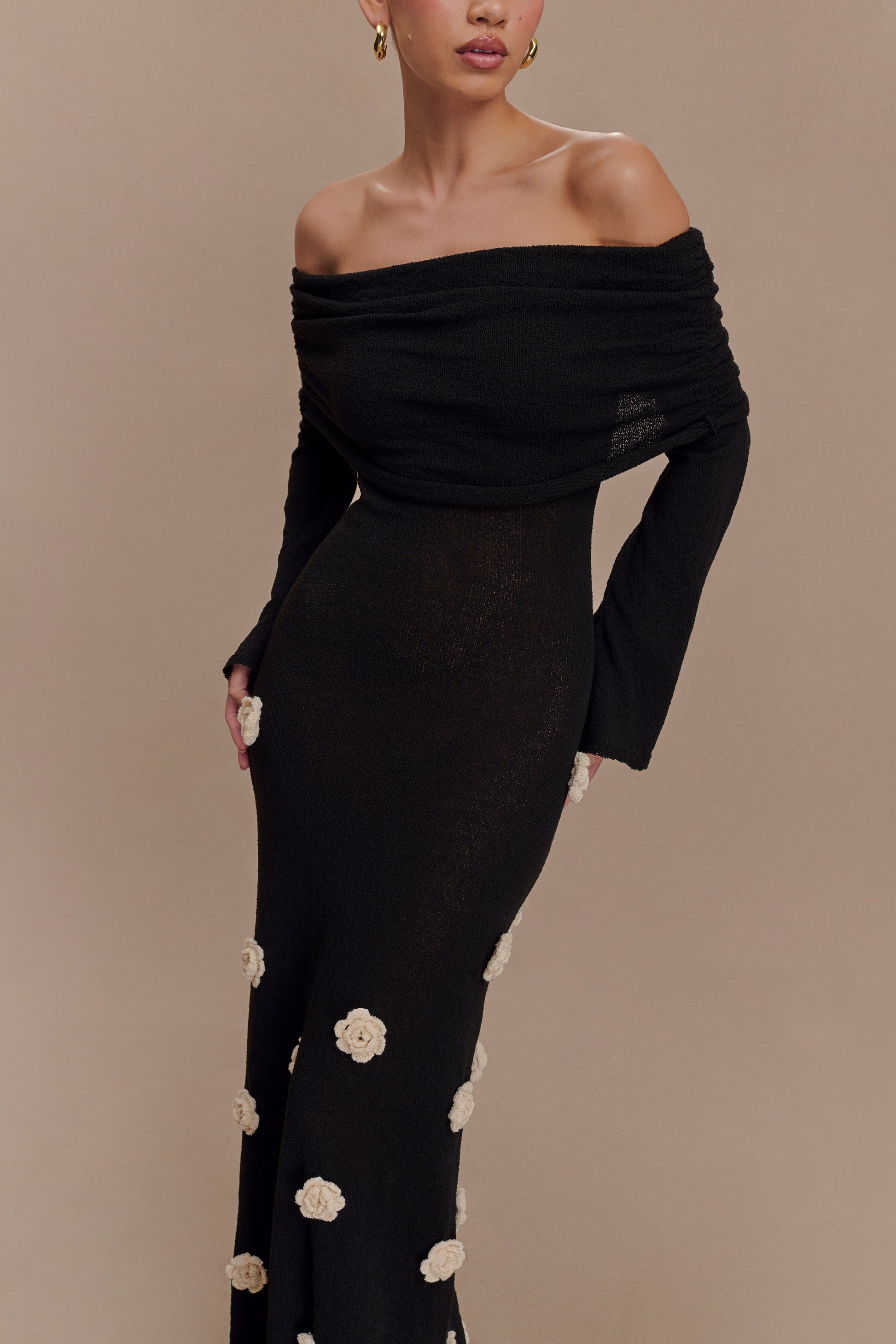 Kiki Off Shoulder Knit Rose Maxi Dress - Black/White #3