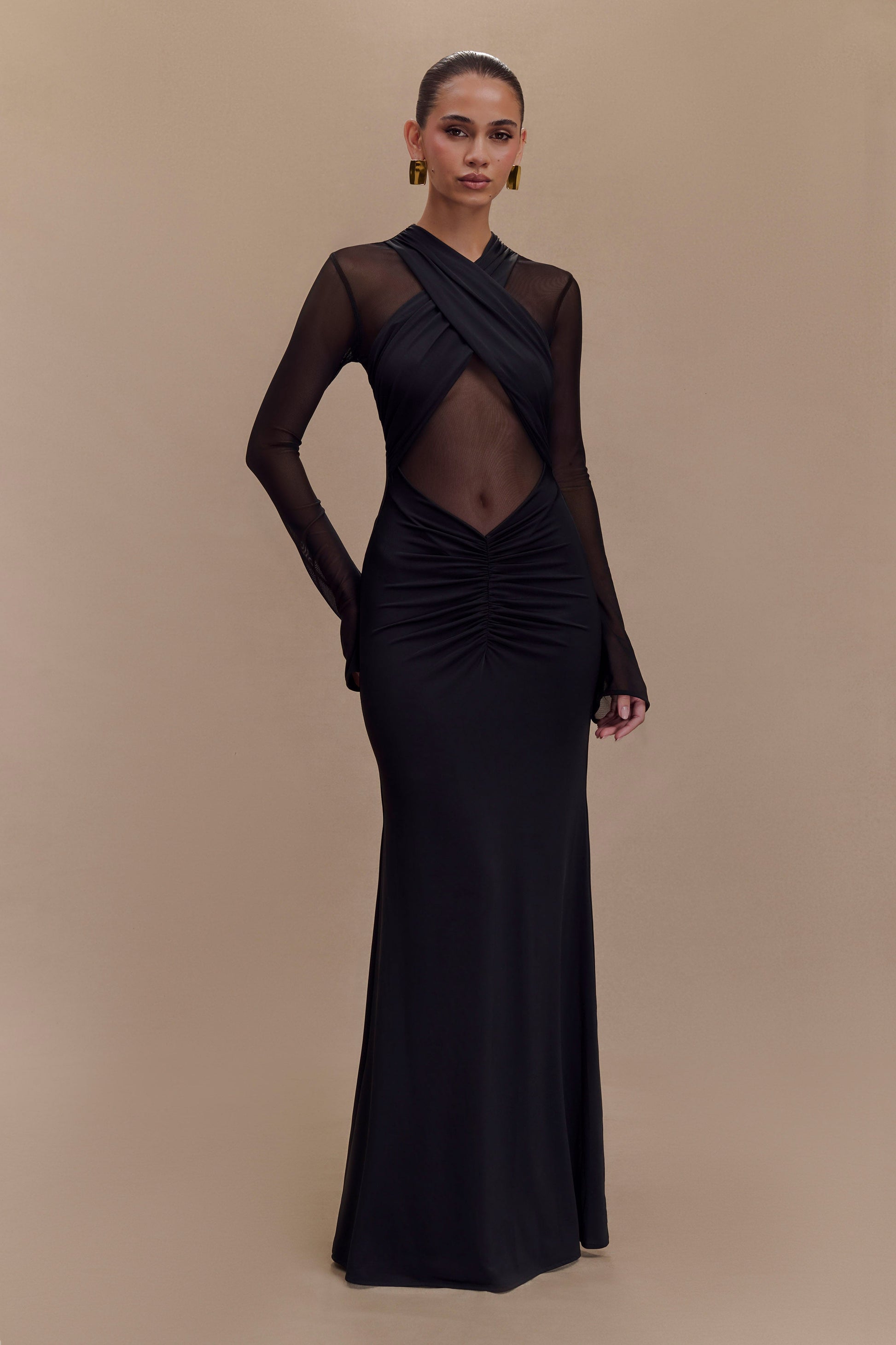 Tania Slinky And Mesh Long Sleeve Maxi Dress - Black #5