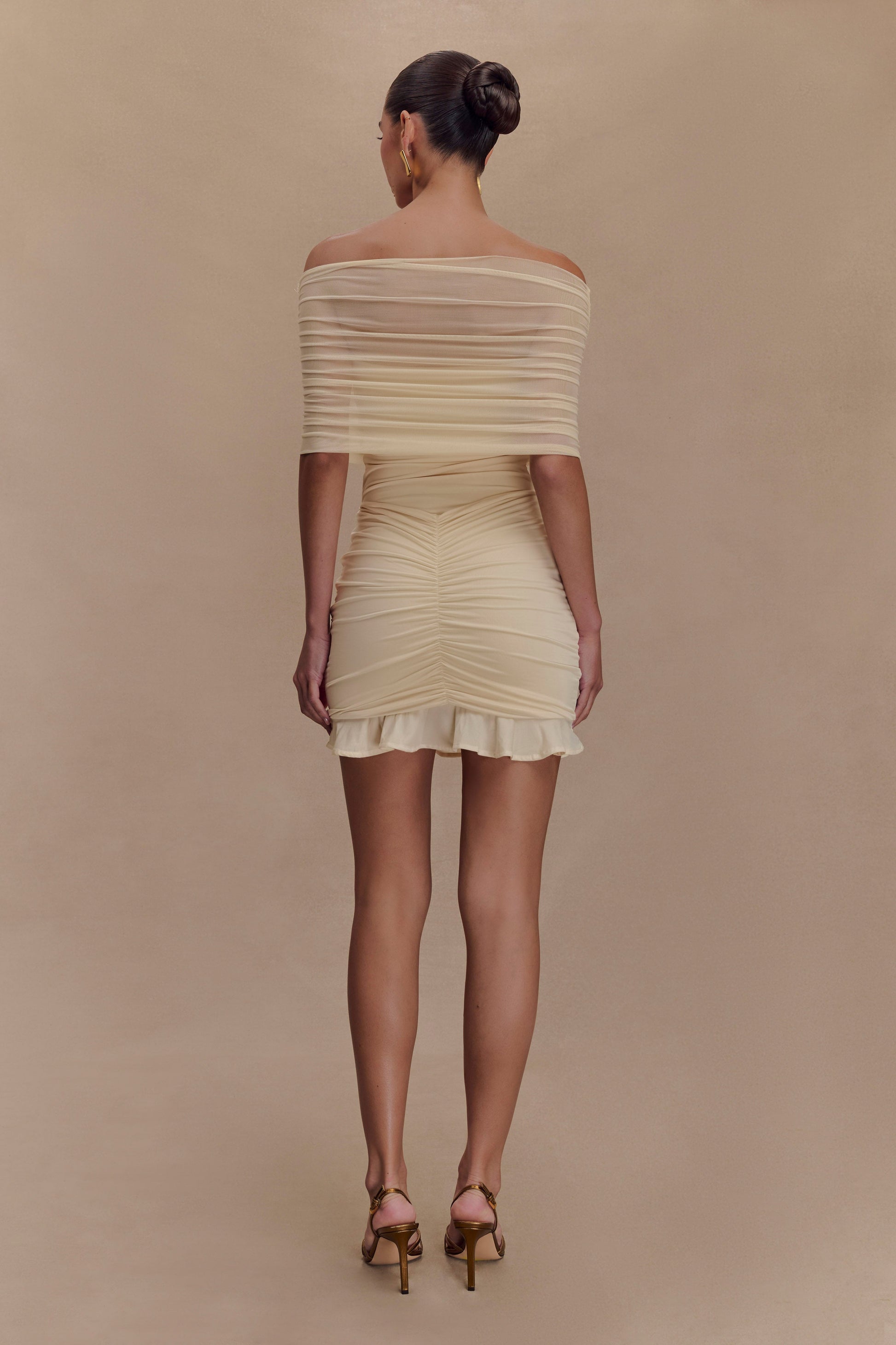 Caspian Slinky And Mesh Off Shoulder Mini Dress - Ivory #2