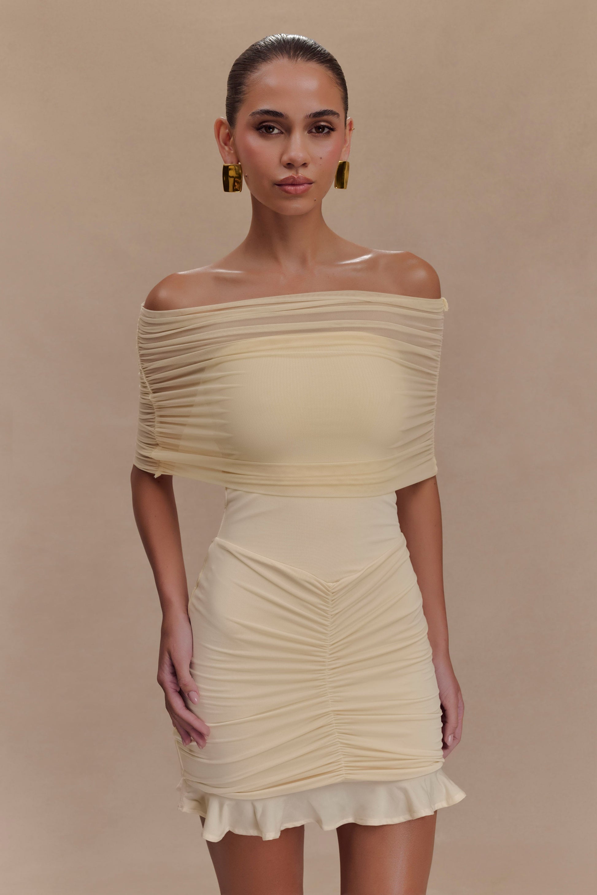 Caspian Slinky And Mesh Off Shoulder Mini Dress - Ivory #6