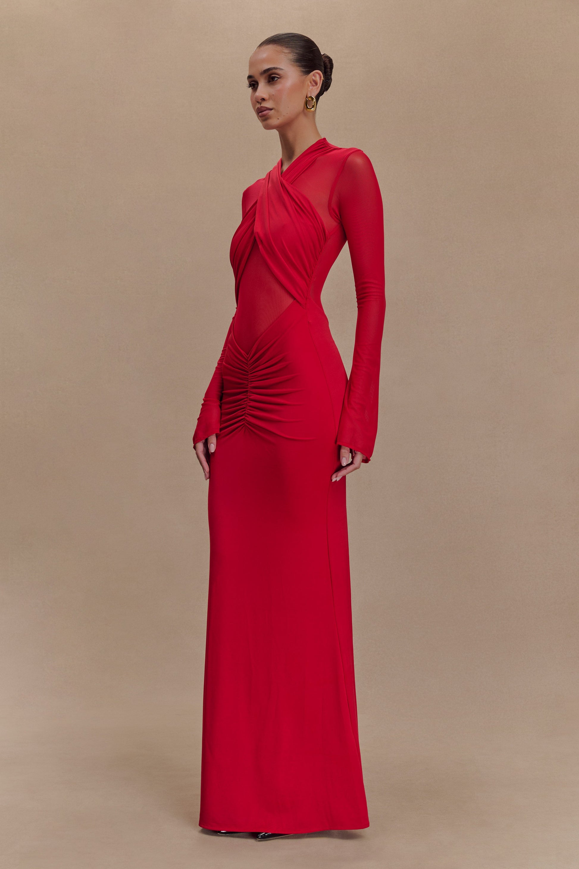 Tania Slinky And Mesh Long Sleeve Maxi Dress - Ruby #4