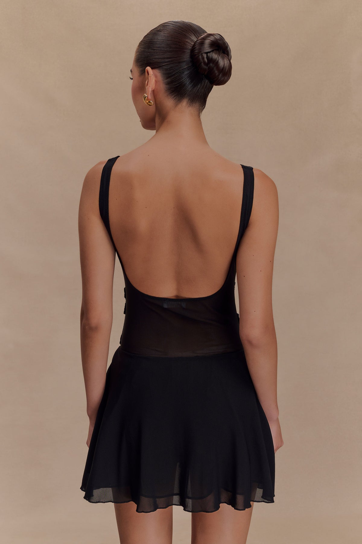 Melanie Mesh Mini Dress With Flowers - Black