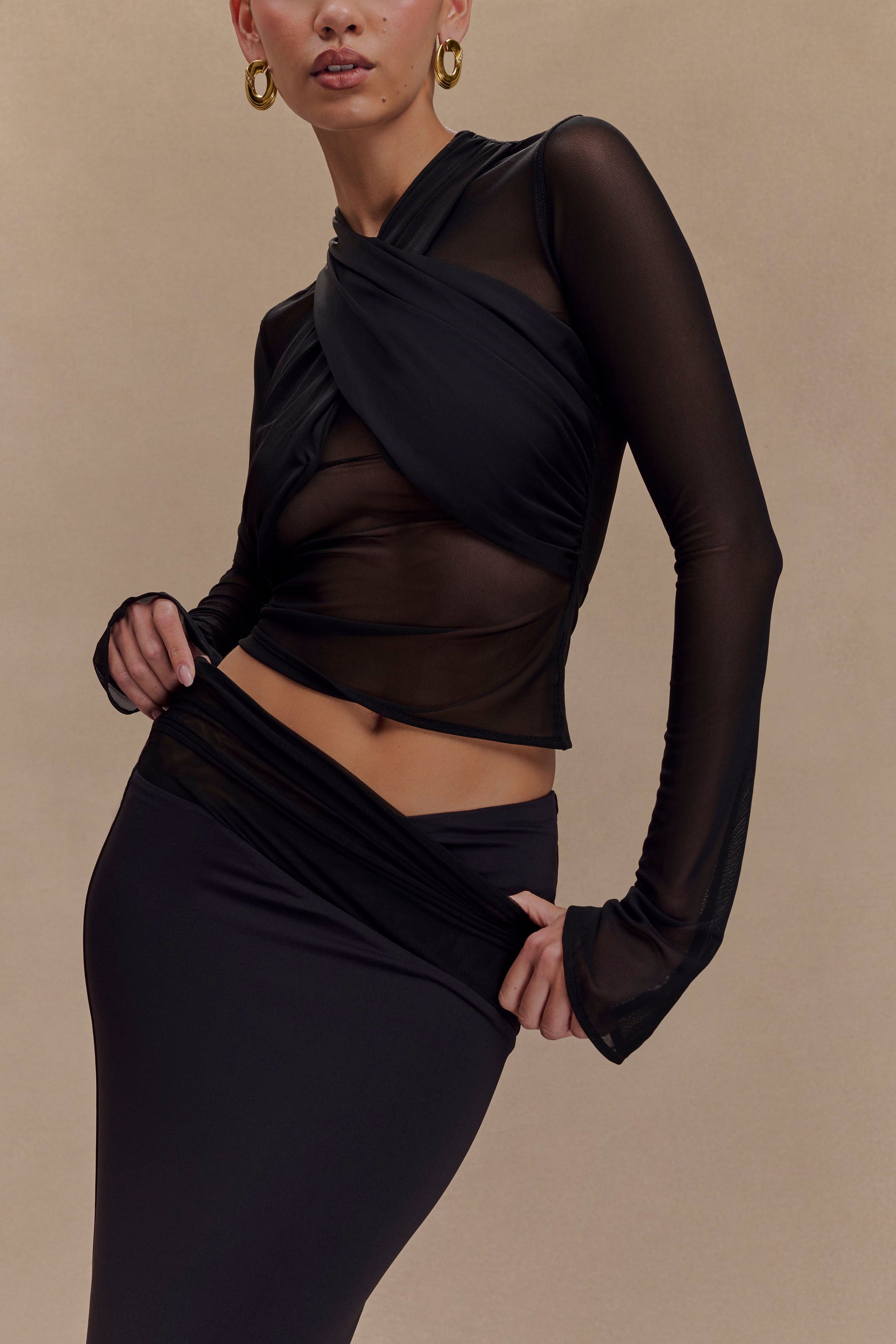 Tania Slinky And Mesh Long Sleeve Top - Black #3