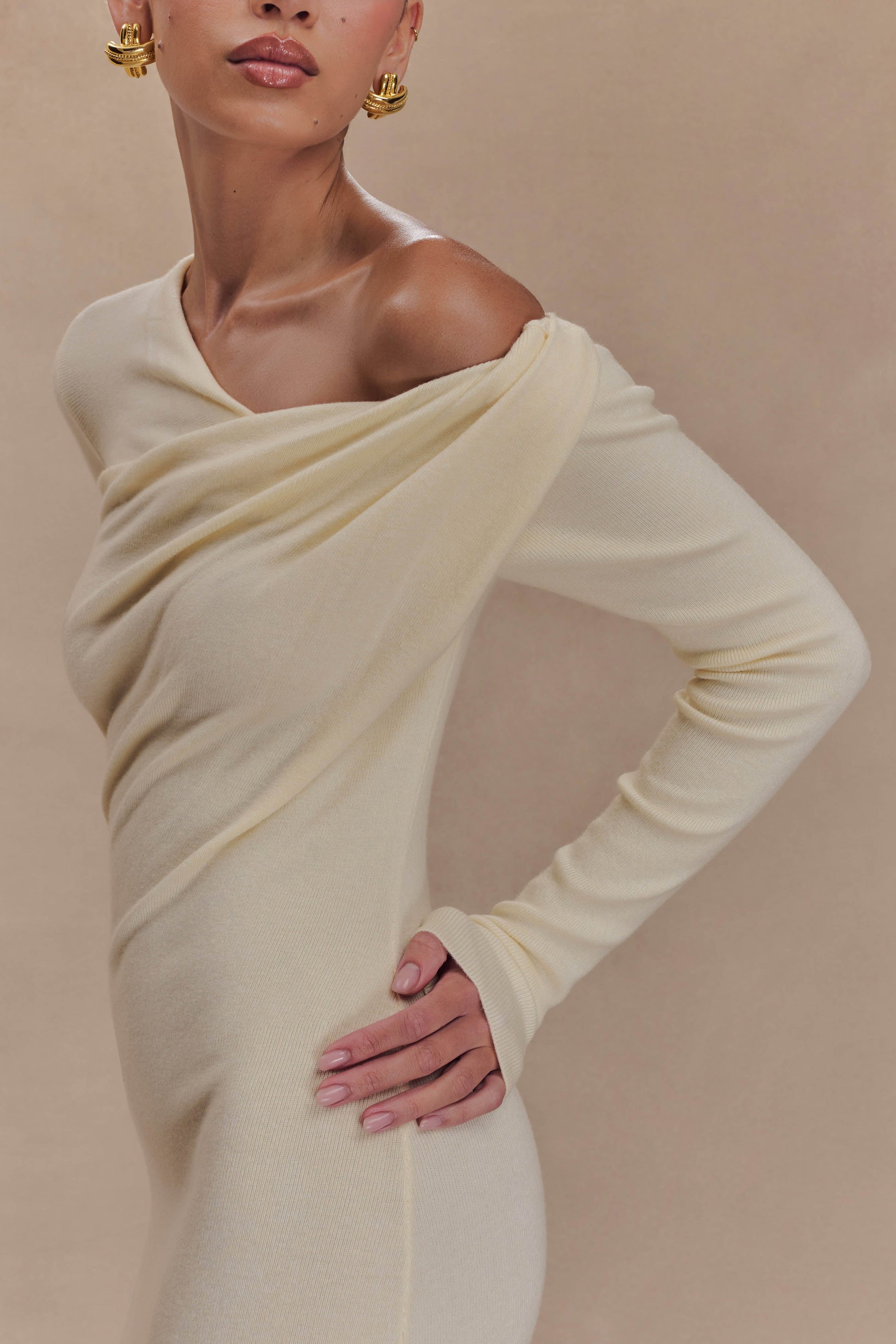 Culver Draped Twist Knit Midi Dress - Cream #3
