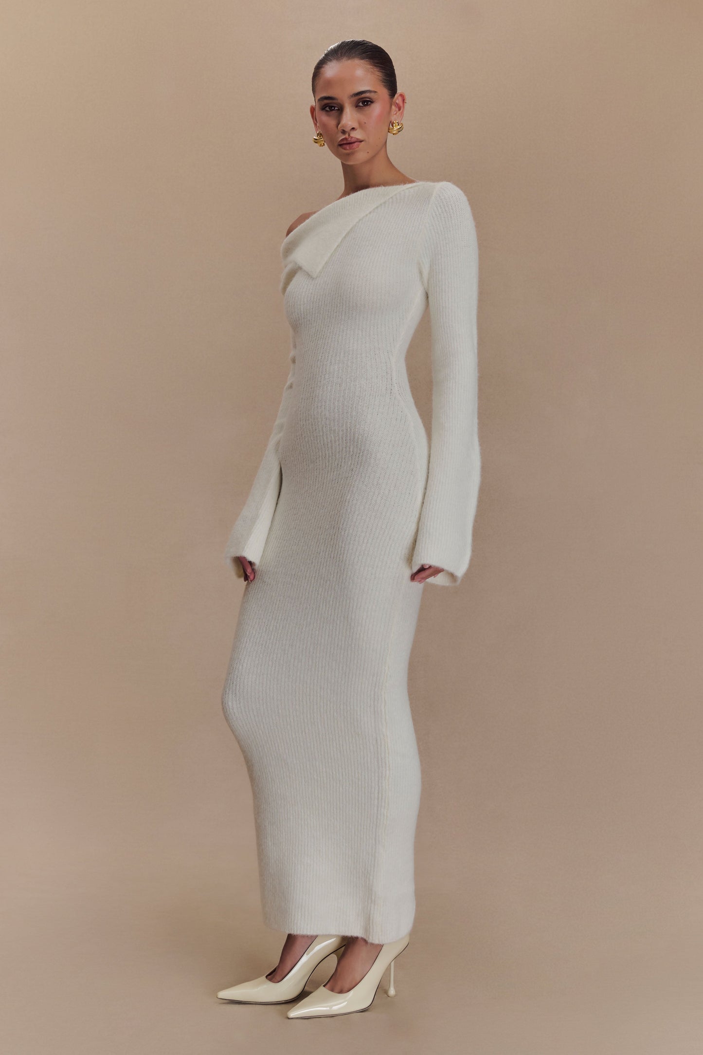 Magenta One Shoulder Fluffy Knit Midi Dress - Ivory