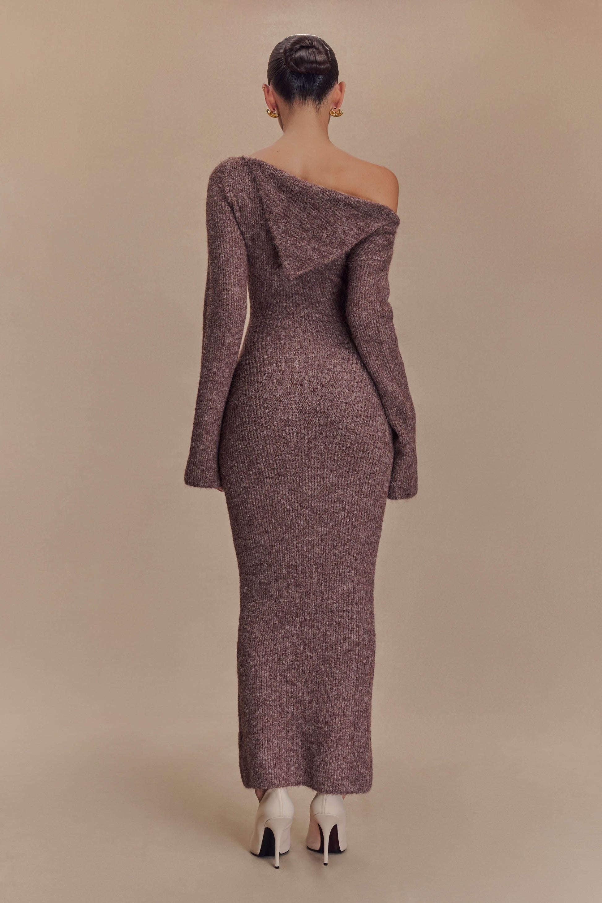 Magenta One Shoulder Fluffy Knit Midi Dress - Pecan #2