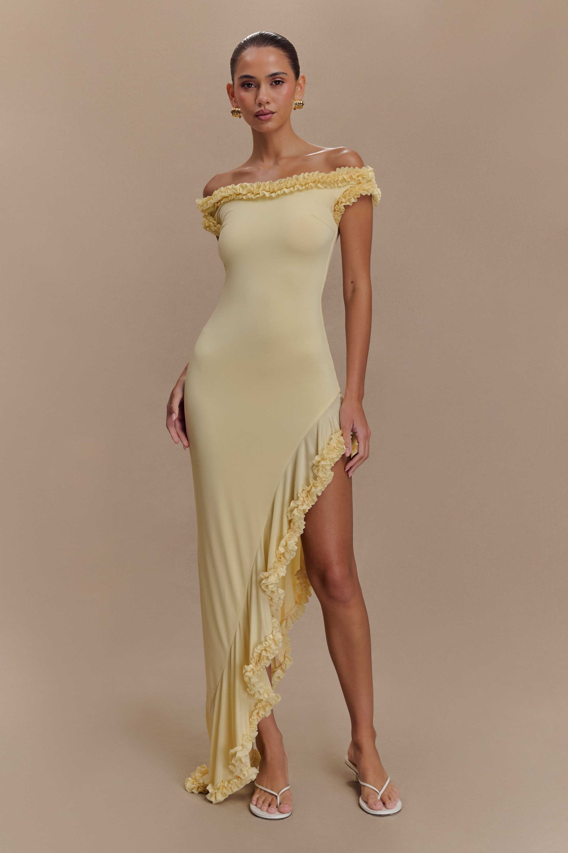 Arielle Off Shoulder Ruffle Midi Dress - Pastel Lemon #6