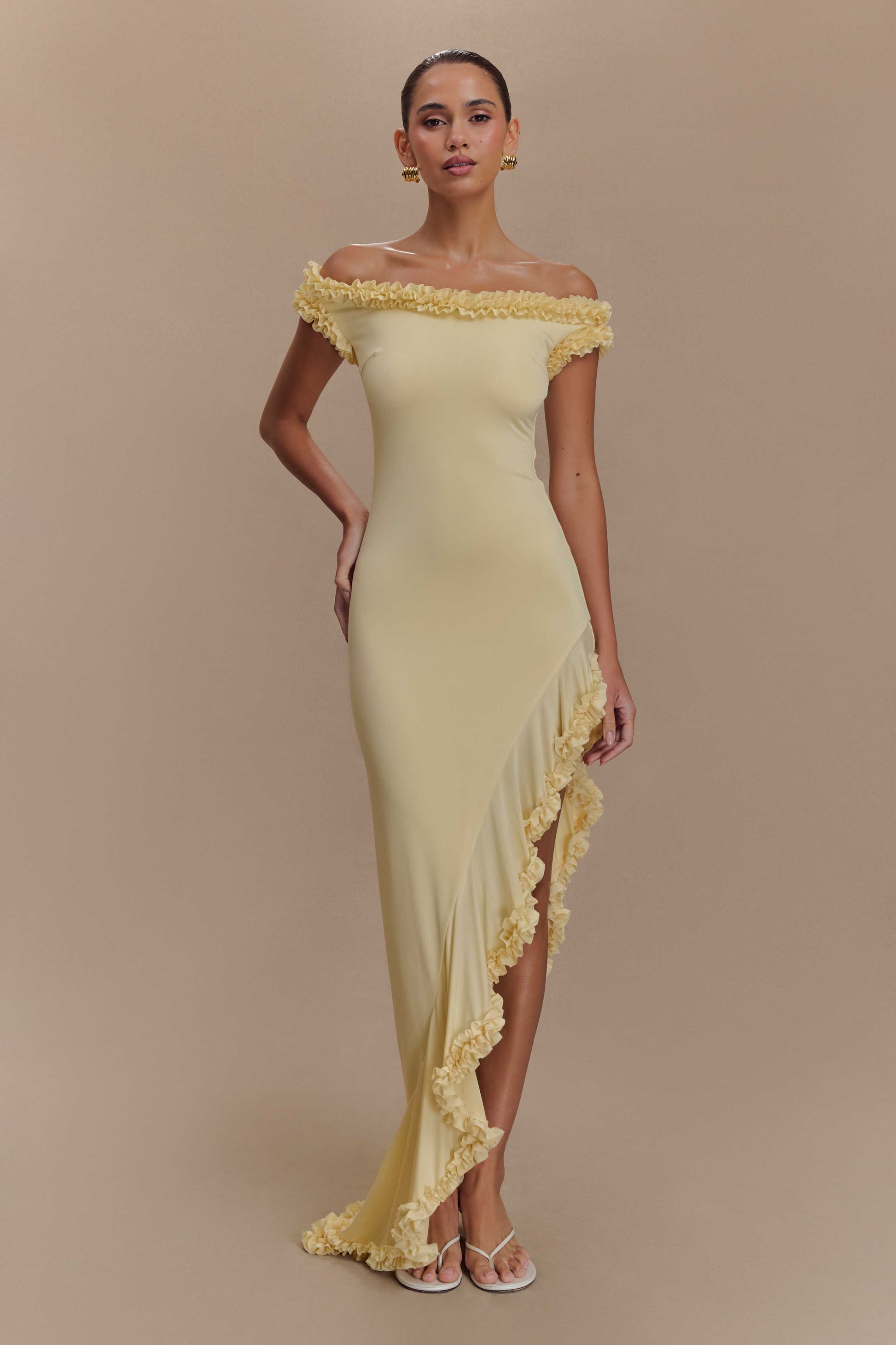 Arielle Off Shoulder Ruffle Midi Dress - Pastel Lemon #2