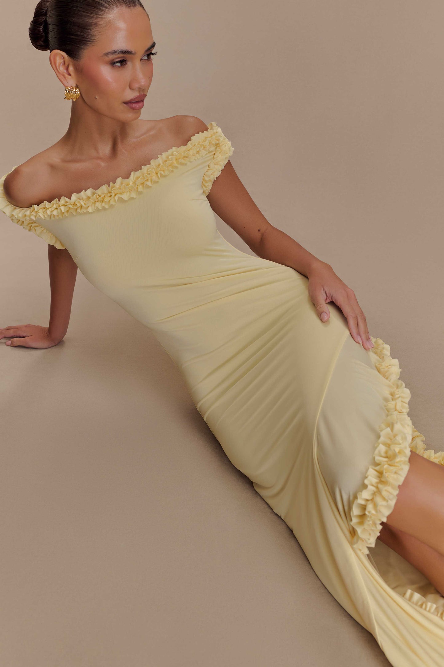 Arielle Off Shoulder Ruffle Midi Dress - Pastel Lemon