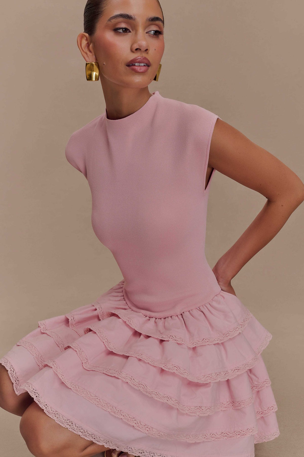 Maeve Ruffle Knit Mini Dress - Dusty Pink