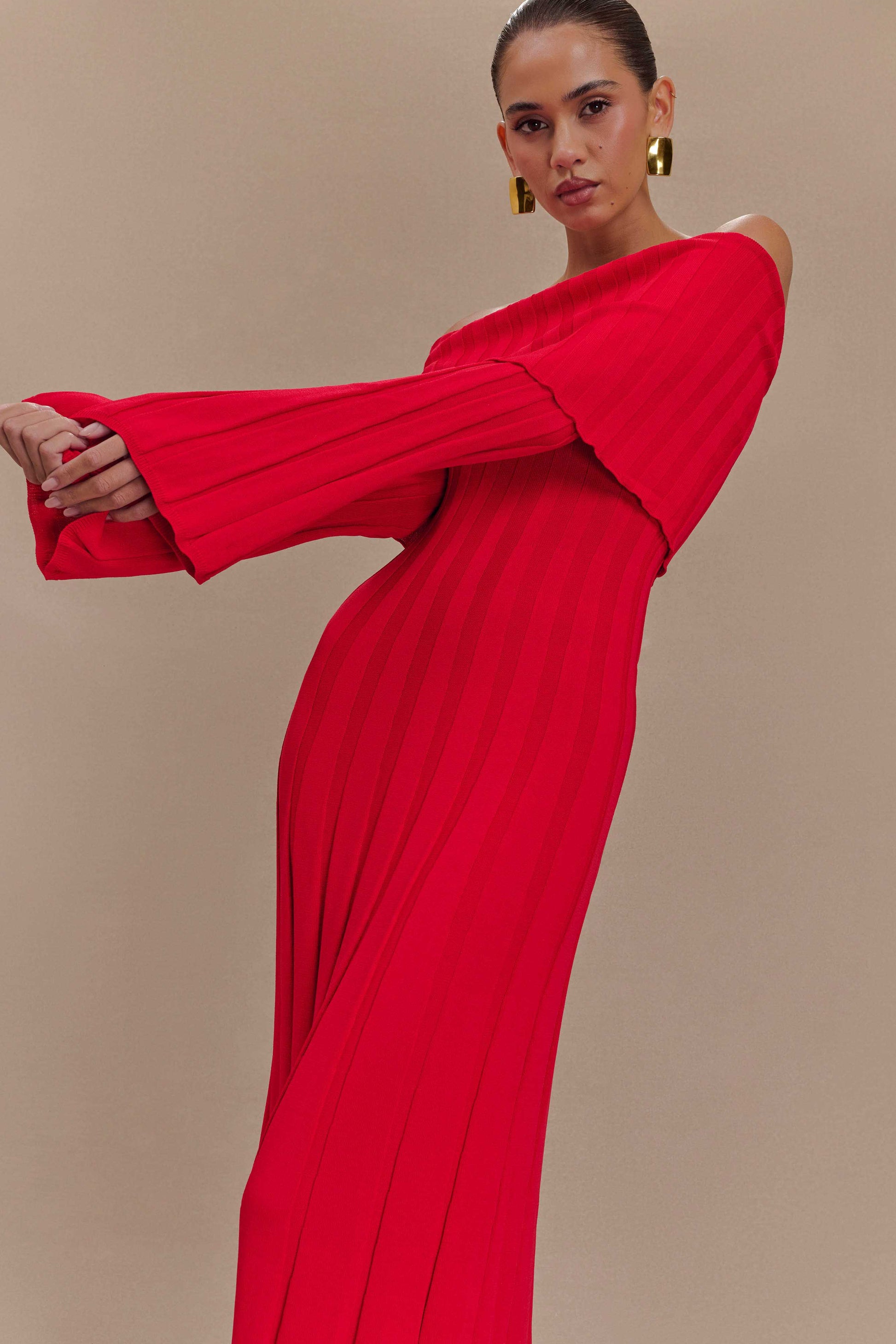 Alonza Long Sleeve Knit Midi Dress - Red #4