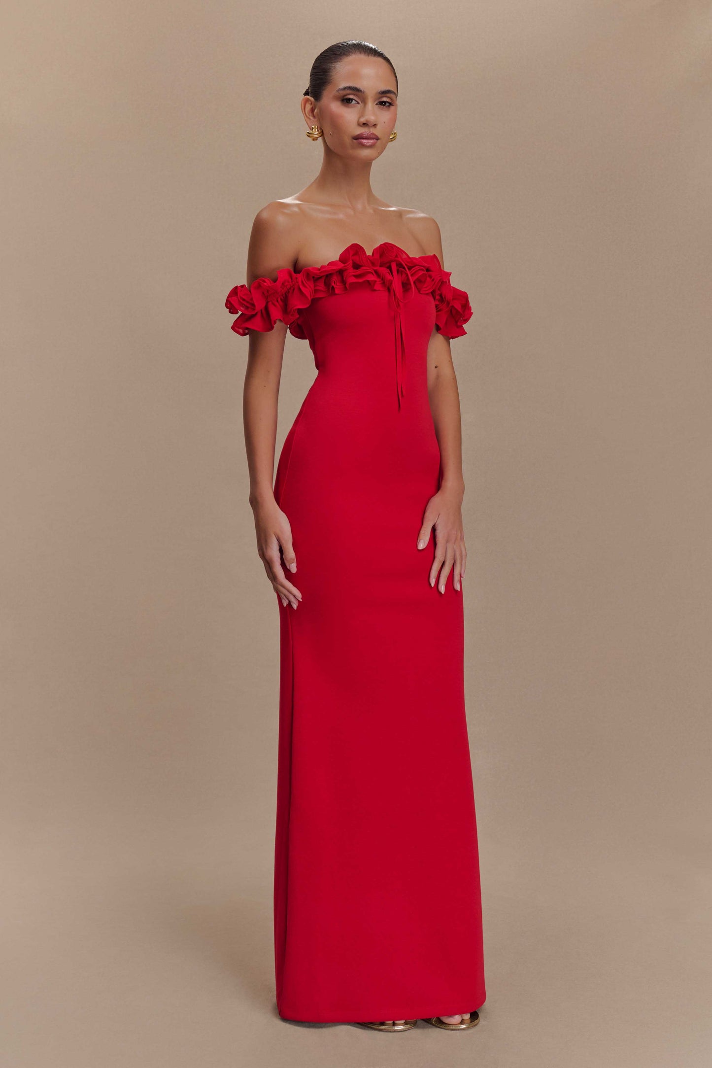 Nova Ruffle Off Shoulder Maxi Dress - Ruby