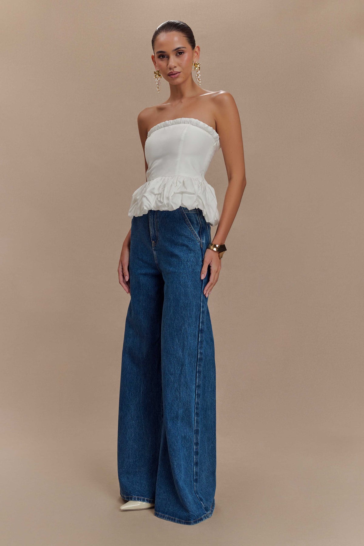 Cora Ruched Strapless Top - White
