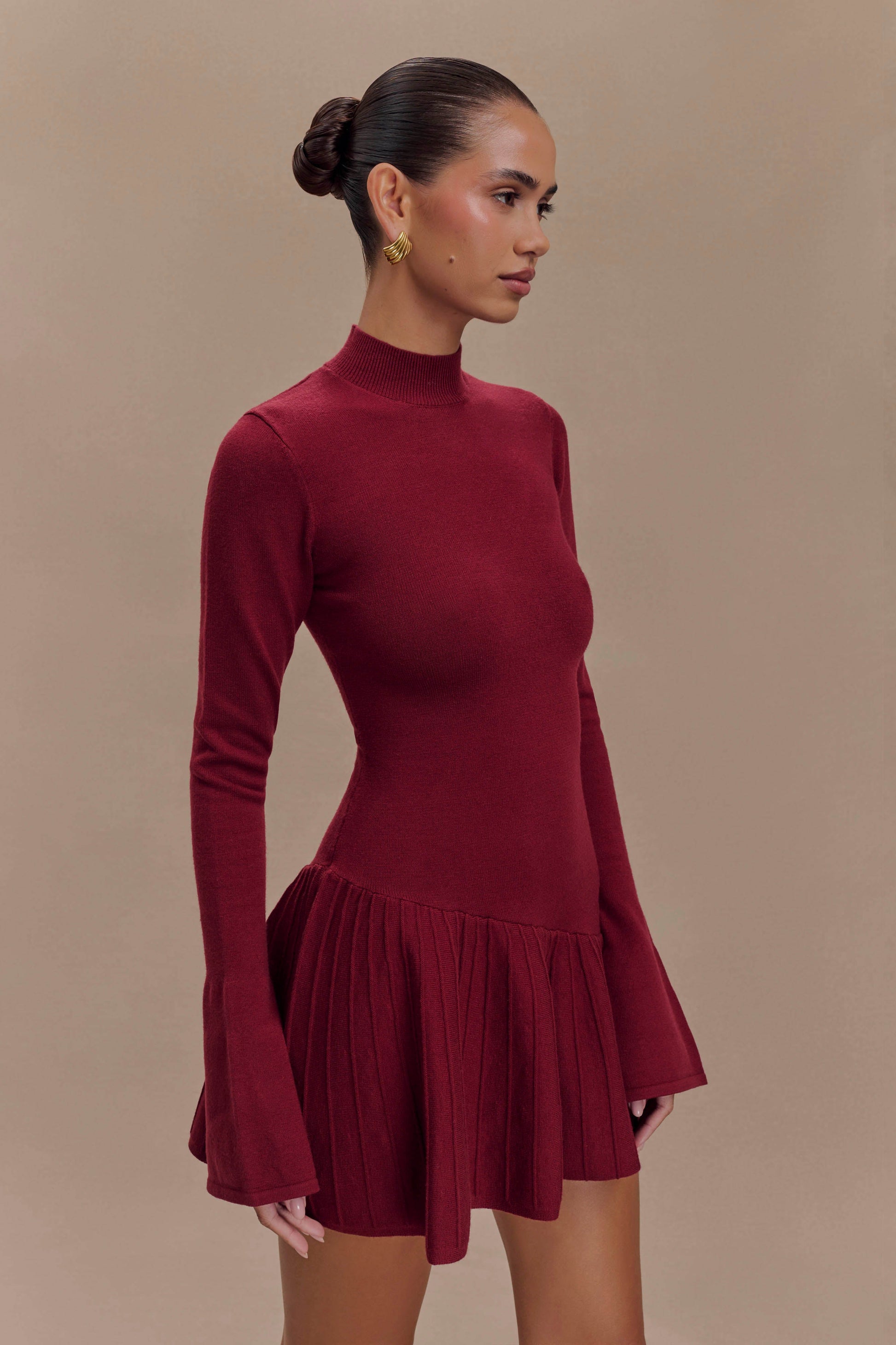 Blair Knit Mini Dress With Pleats - Merlot #5