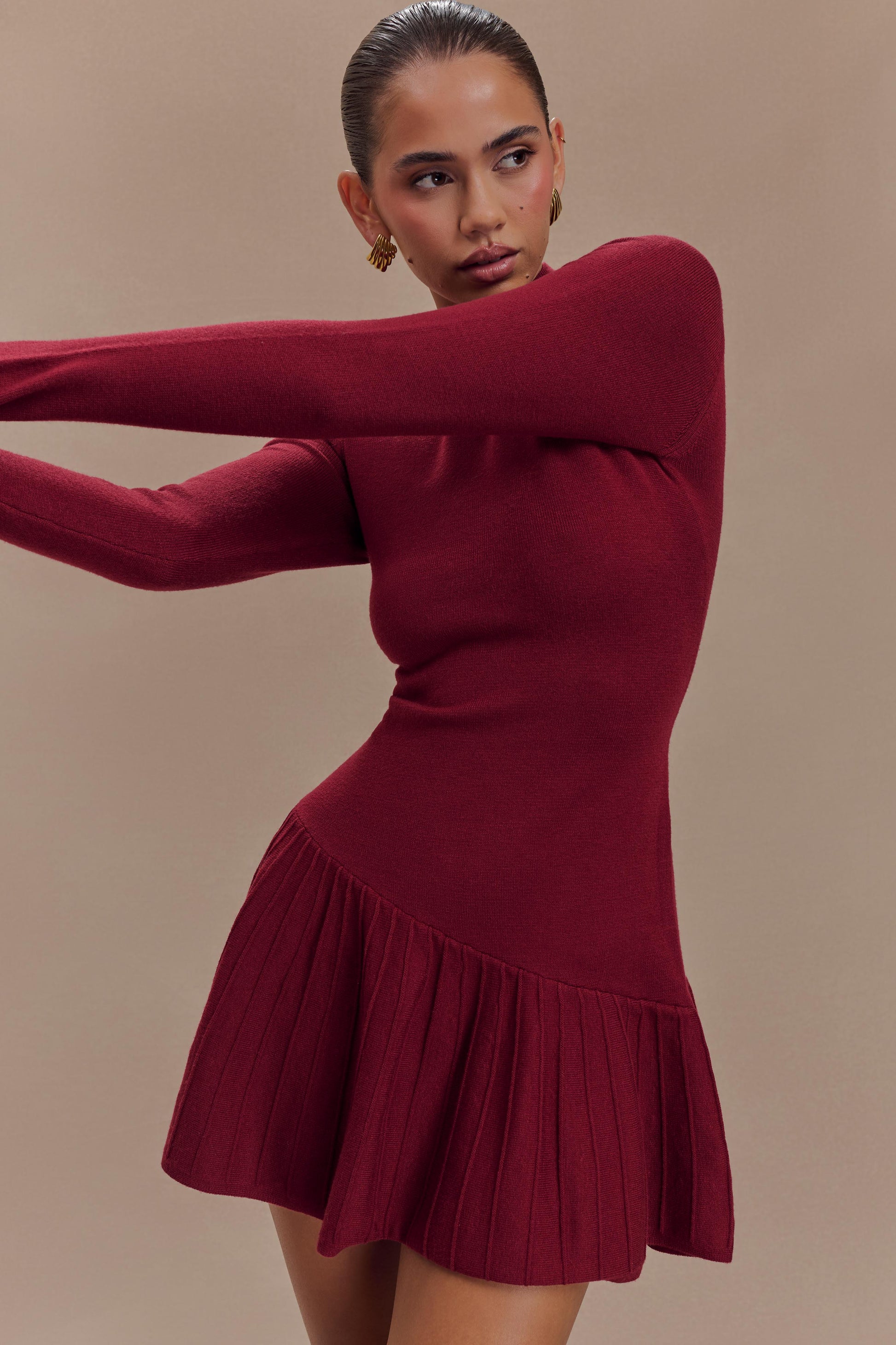 Blair Knit Mini Dress With Pleats - Merlot #6