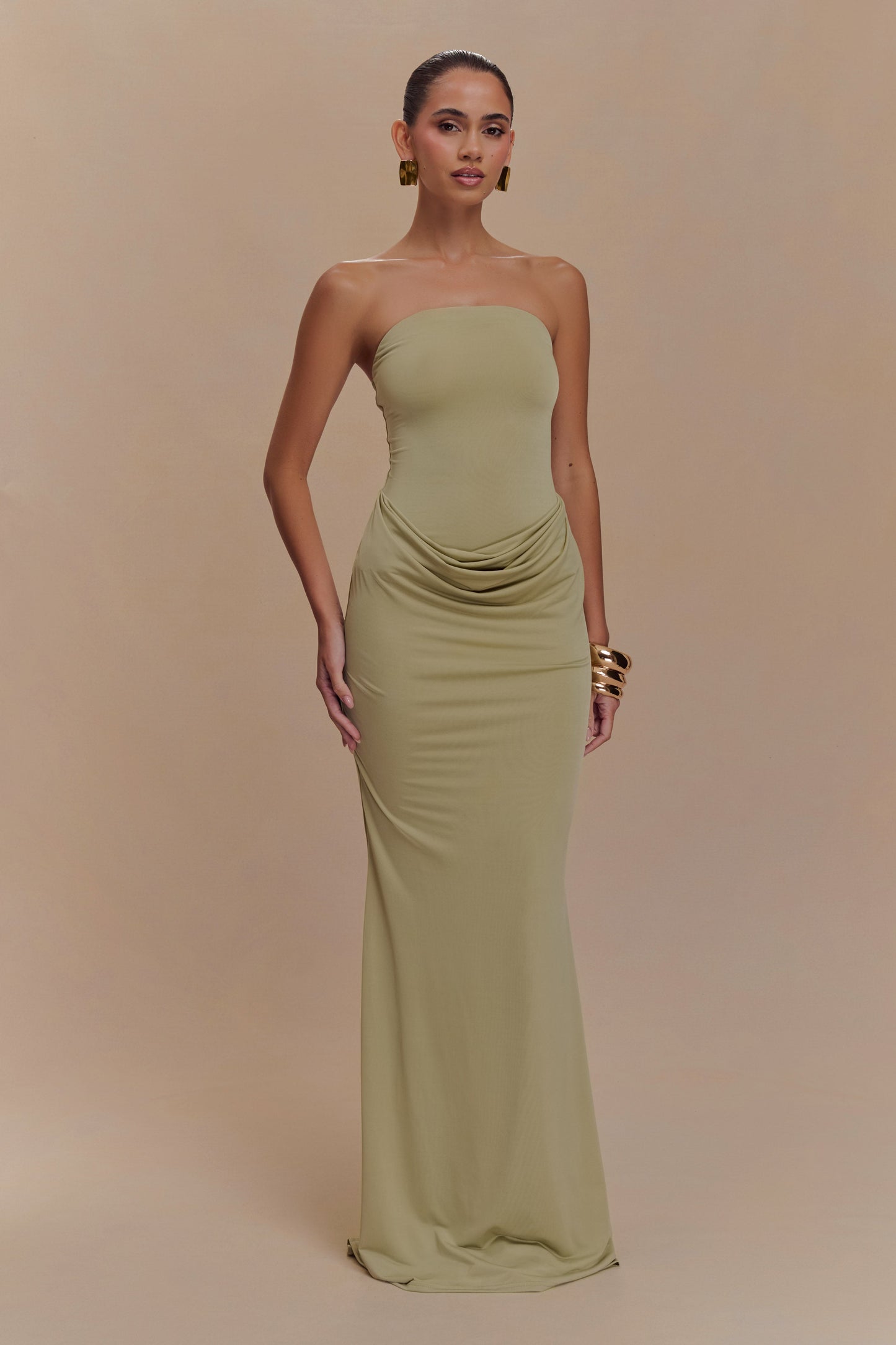 Madison Strapless Slinky Maxi Dress - Sage