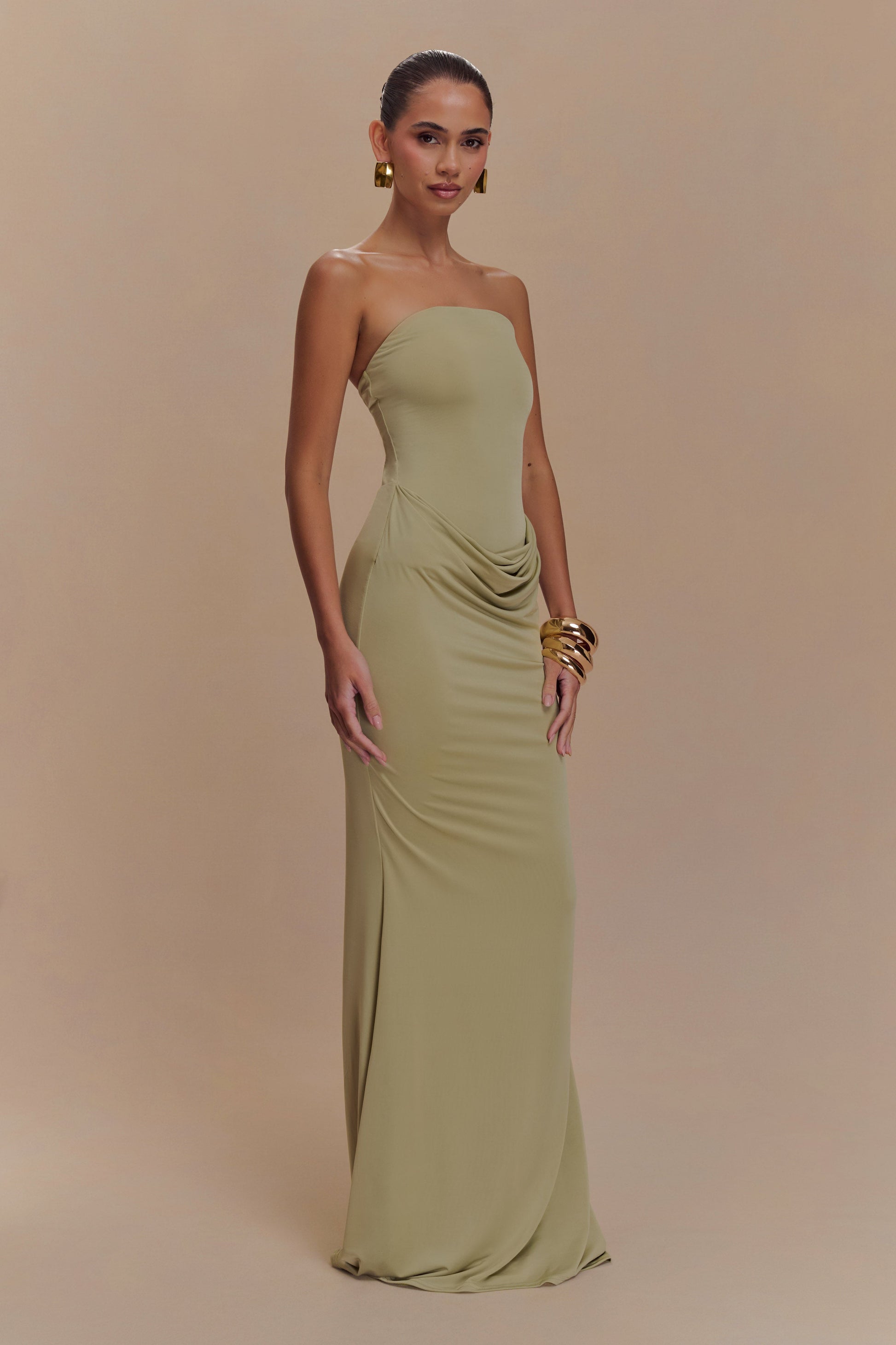 Madison Strapless Slinky Maxi Dress - Sage #4