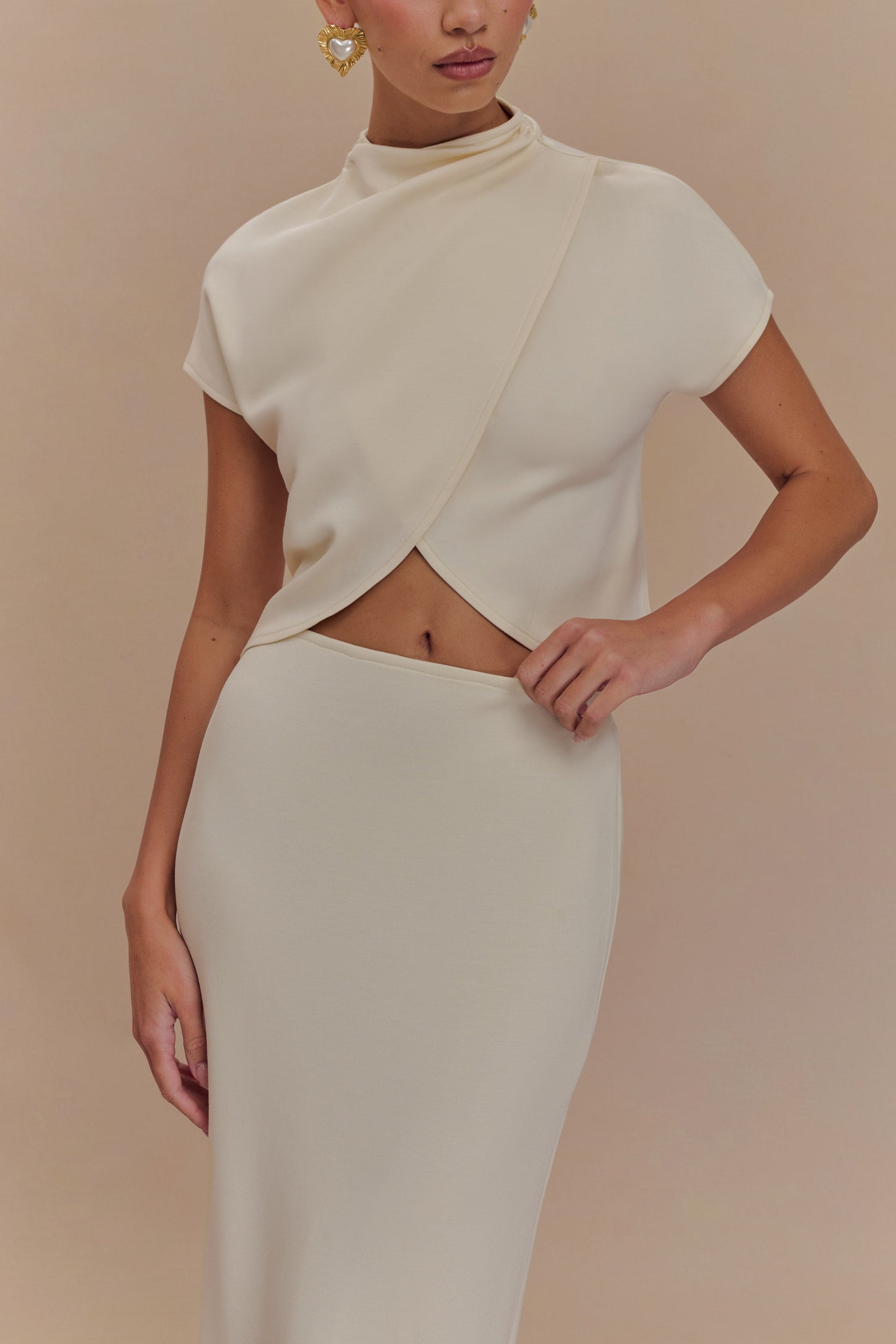 Eris High Neck Scuba Jersey Top - Ivory