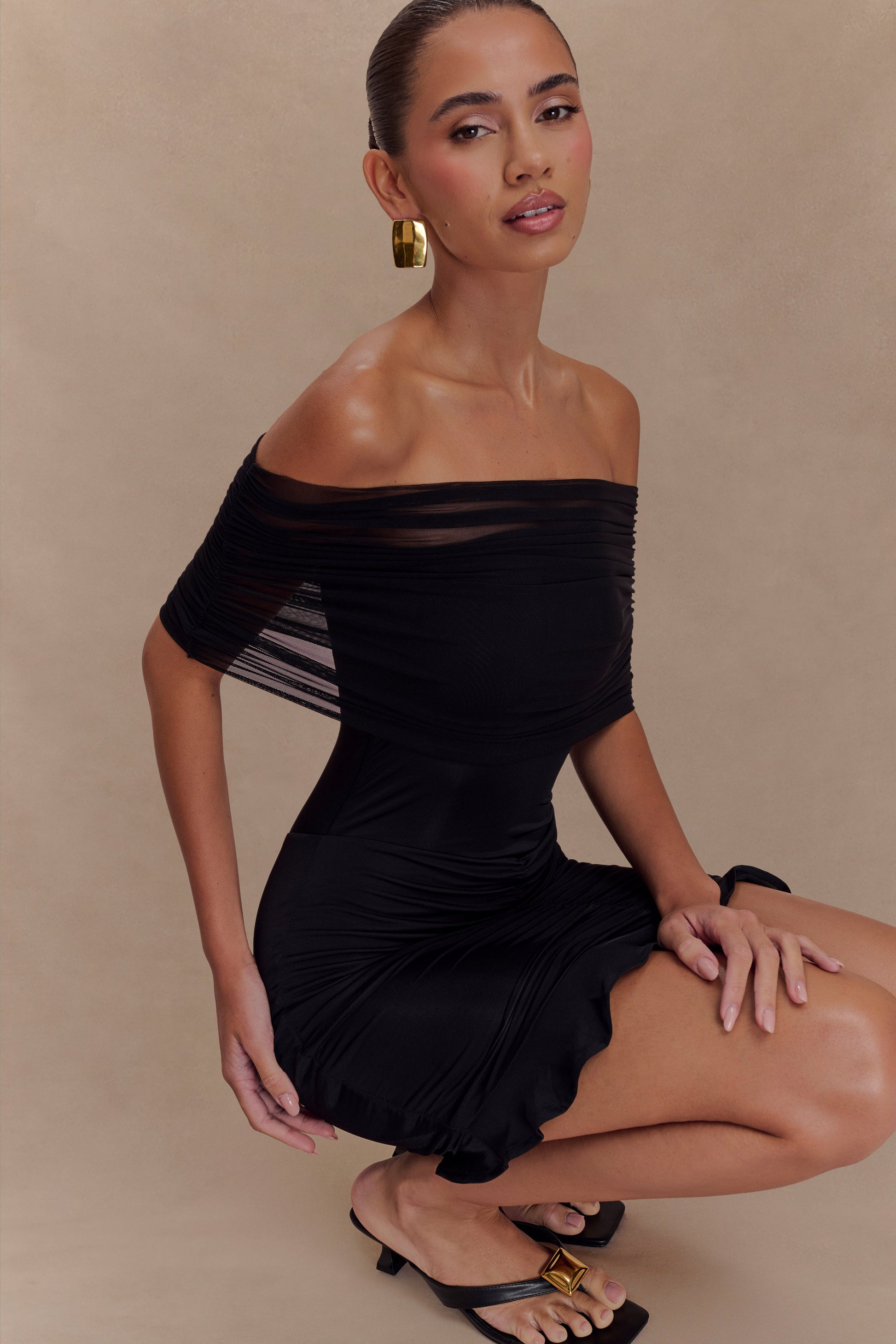 Caspian Slinky And Mesh Off Shoulder Mini Dress - Black #3