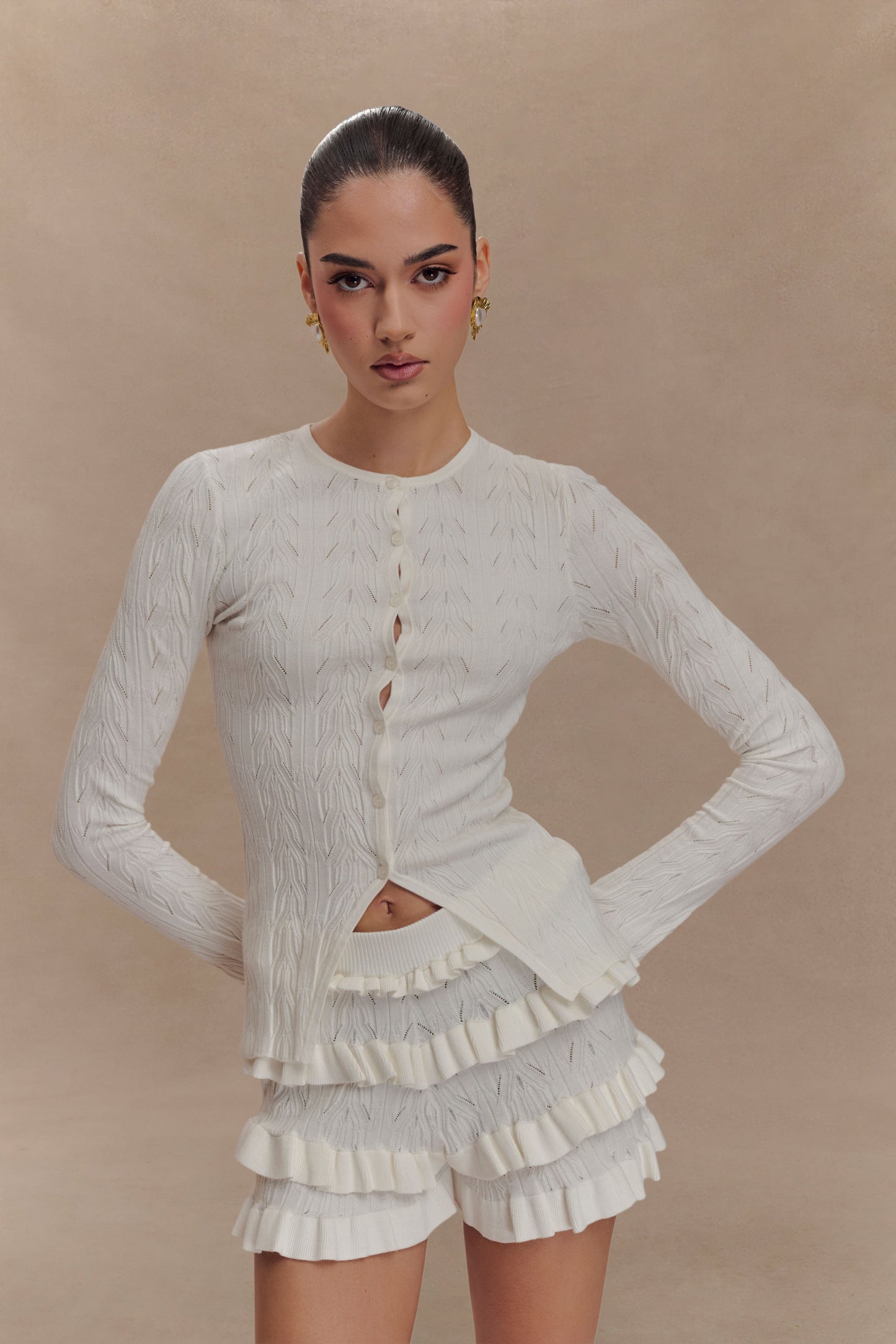 Amy Pointelle Bell Sleeve Cardigan - Ivory