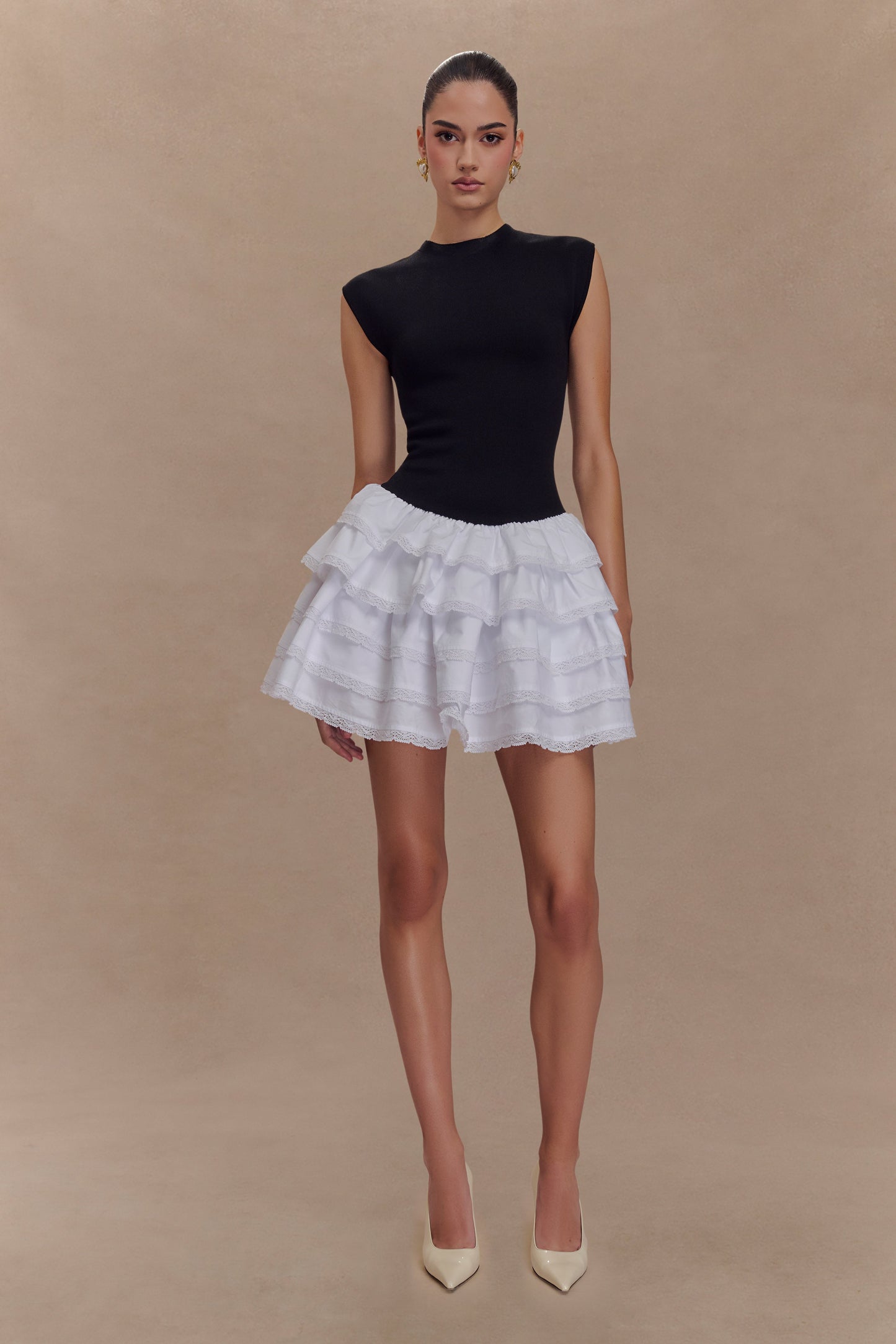 Maeve Contrast Ruffle Knit Mini Dress - Black/White