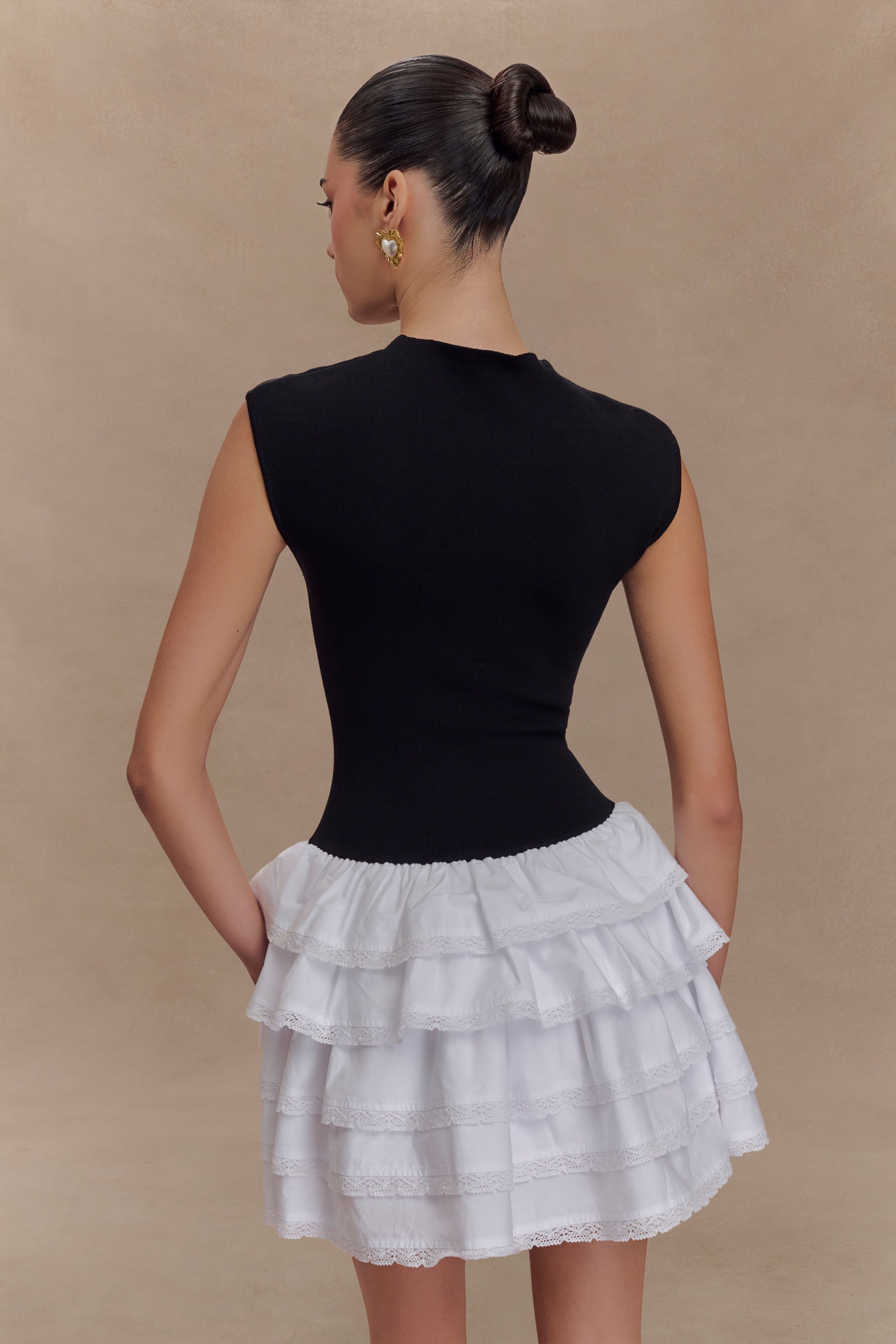 Maeve Contrast Ruffle Knit Mini Dress - Black/White #3