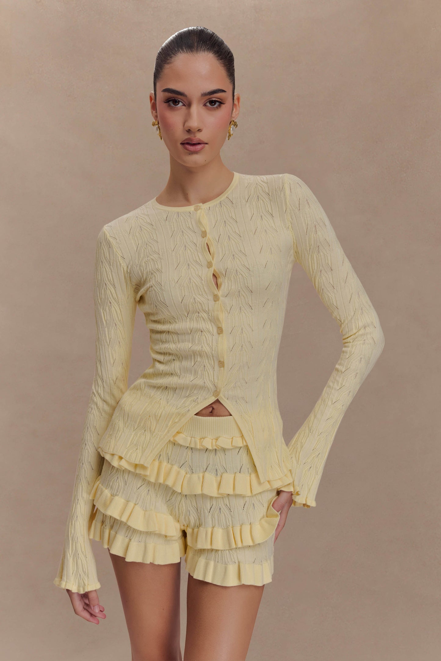 Amy Pointelle Bell Sleeve Cardigan - Lemon