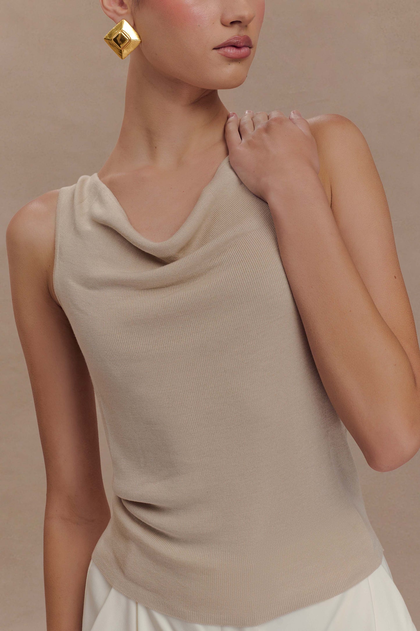 Brenda Draped Front Knit Top - Stone