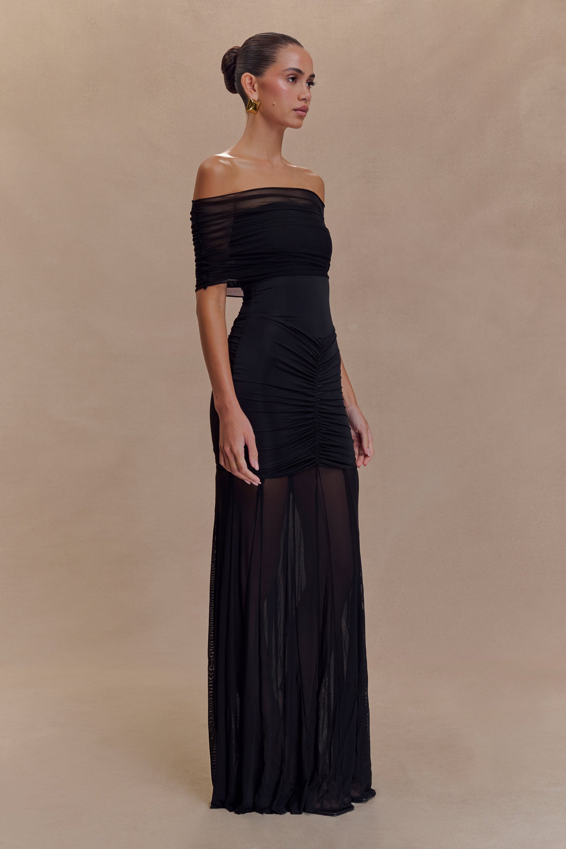 Caspian Slinky And Mesh Off Shoulder Maxi Dress - Black #3