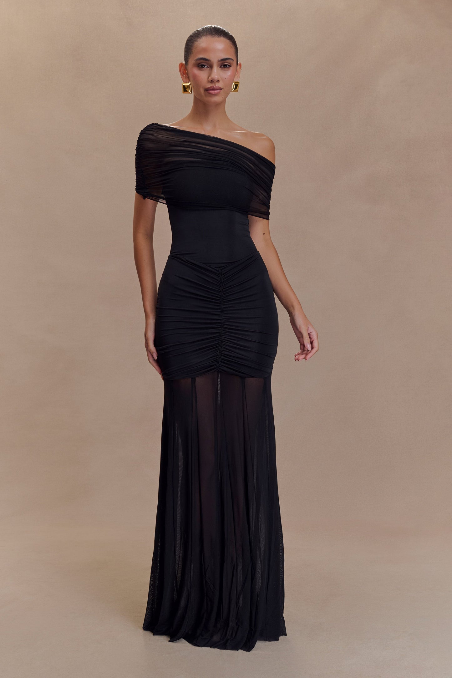 Caspian Slinky And Mesh Off Shoulder Maxi Dress - Black