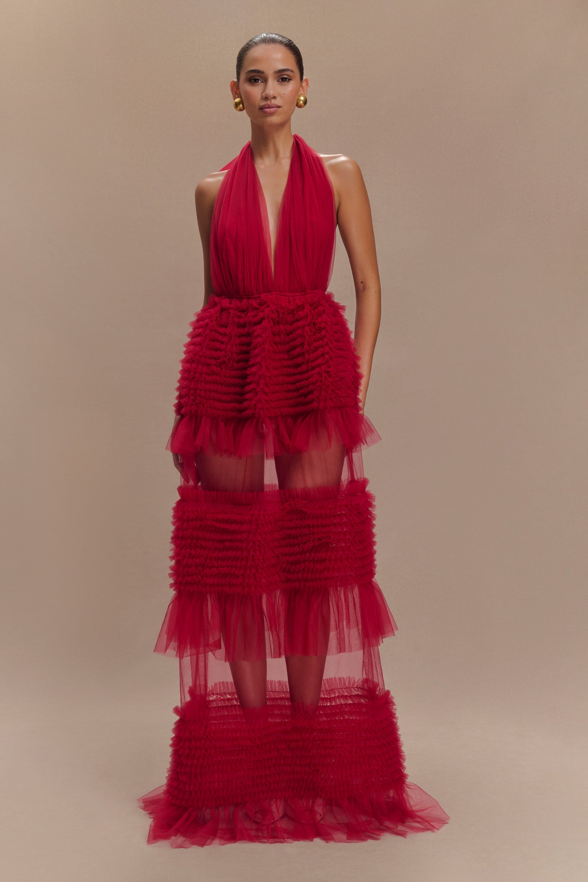 Minka Mesh Ruffle Halter Maxi Dress - Red #6