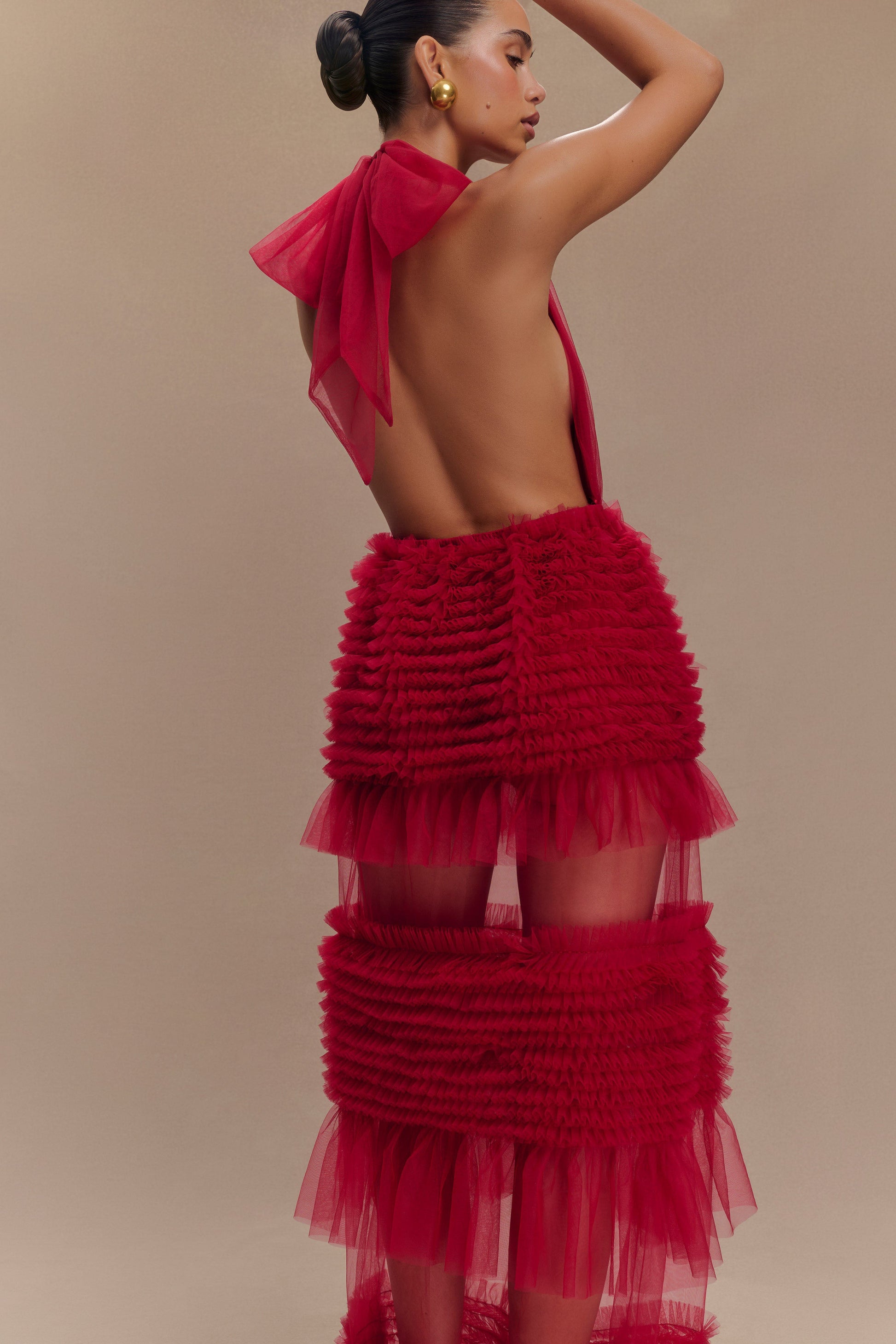 Minka Mesh Ruffle Halter Maxi Dress - Red #9