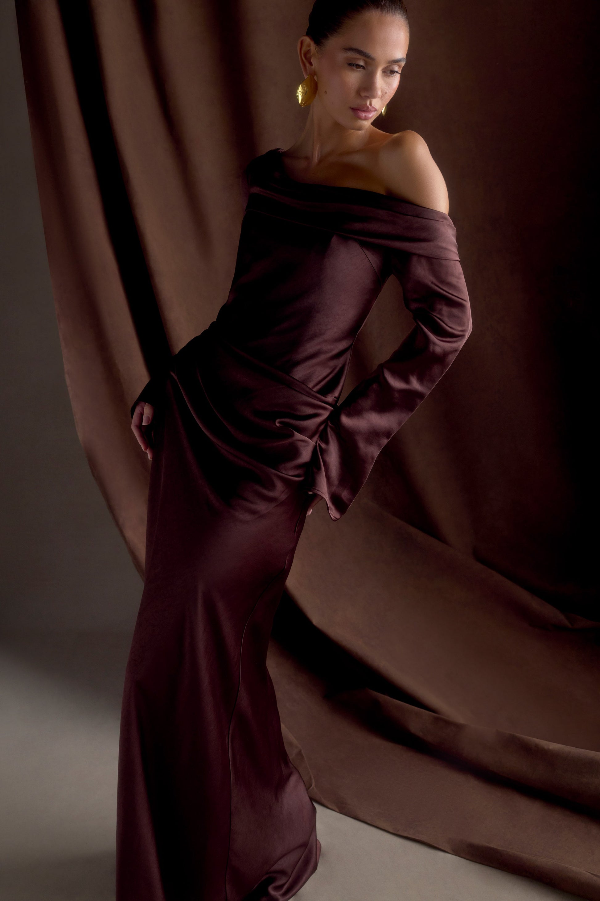 Iris Long Sleeve Satin Maxi Dress - Dark Chocolate #8