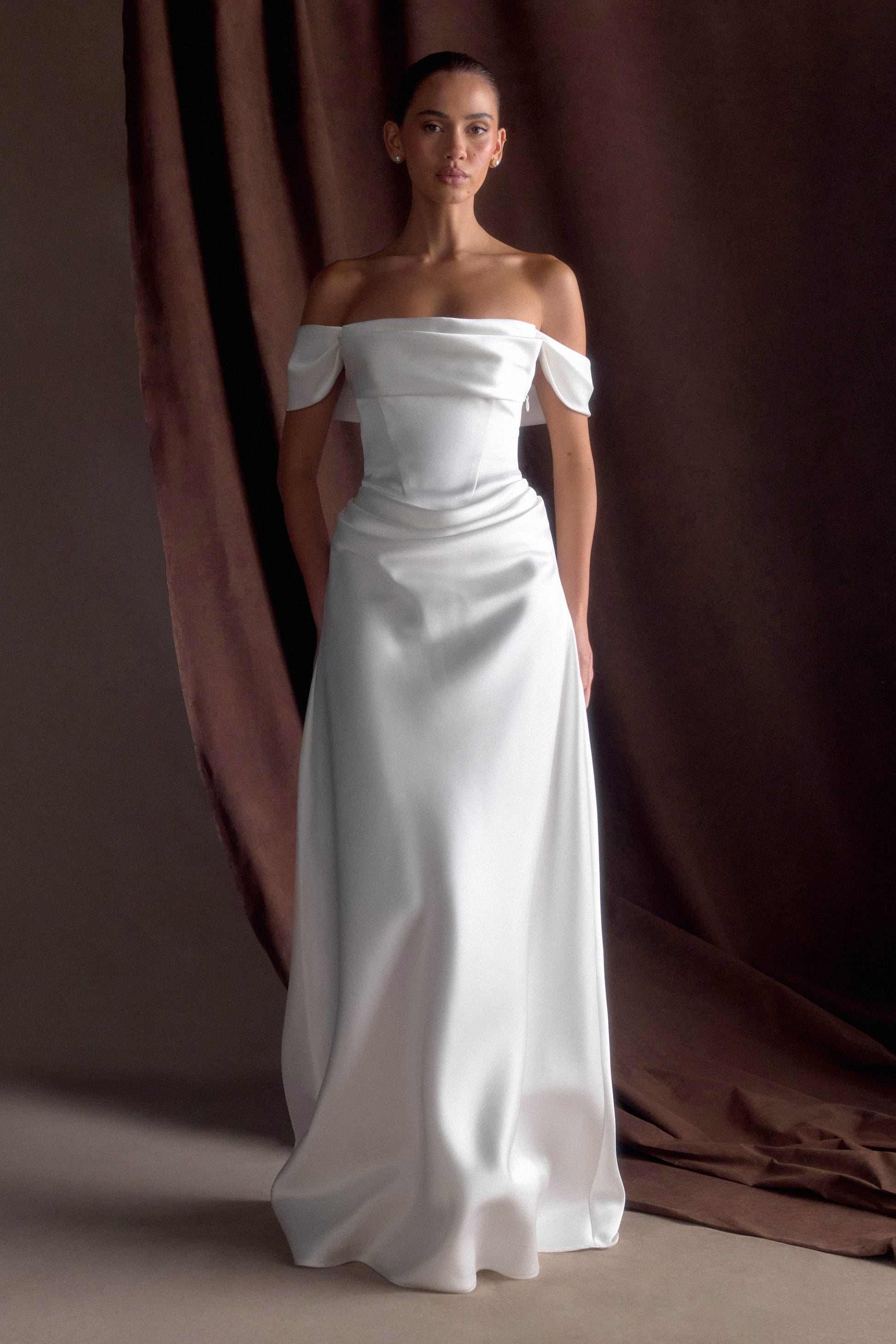 Luna Satin Off Shoulder Gown - White #5